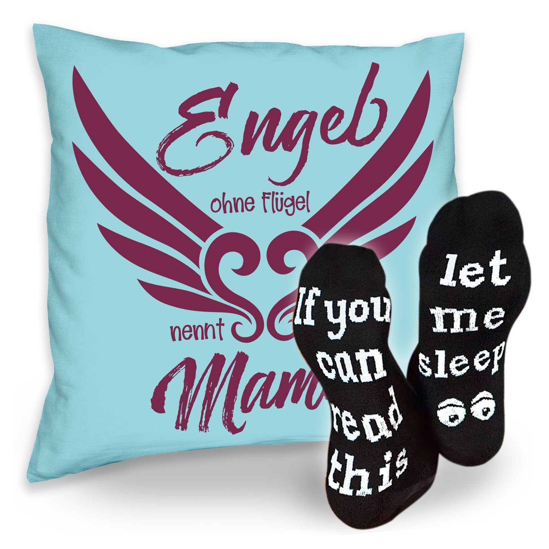 Soreso® Dekokissen Kissen Engel ohne Flügel nennt man Mama & Sprüche Socken Sleep, Geschenkidee Weihnachtsgeschenk hellblau | Dekokissen