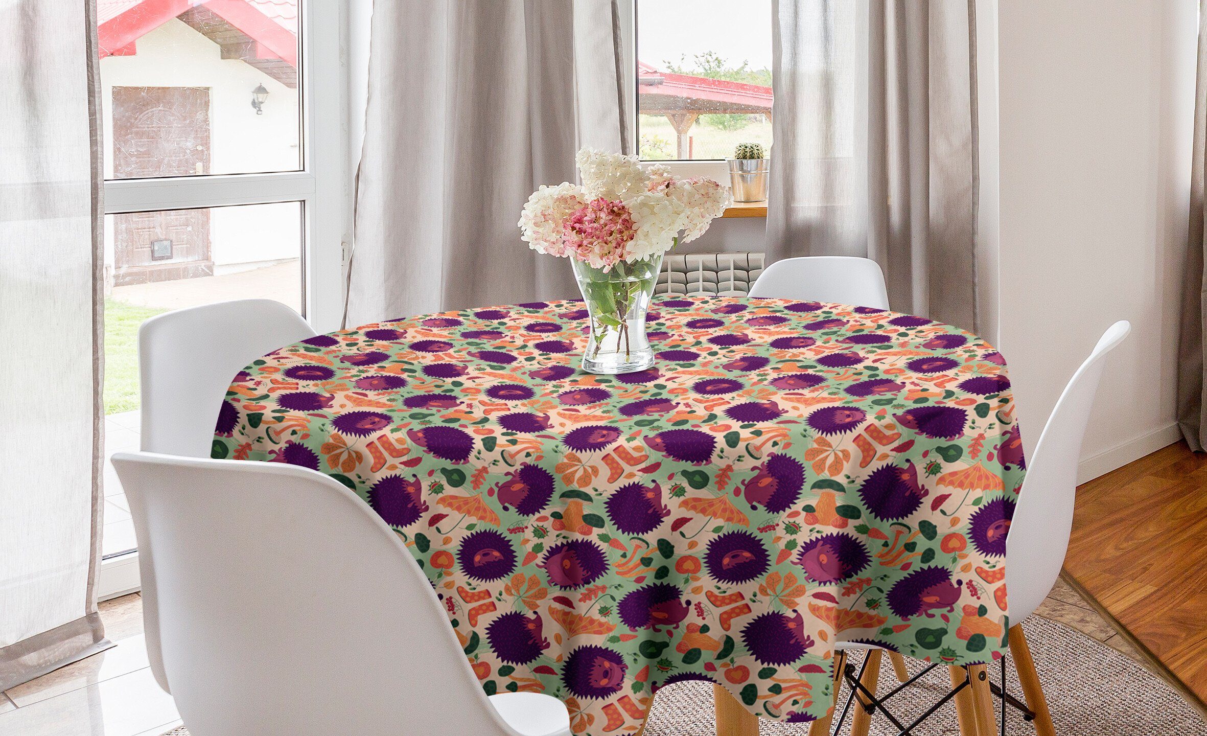 Abakuhaus Tischdecke Kreis Tischdecke Abdeckung für Esszimmer Küche Dekoration, Herbst Hedgehogs und Regenschirme