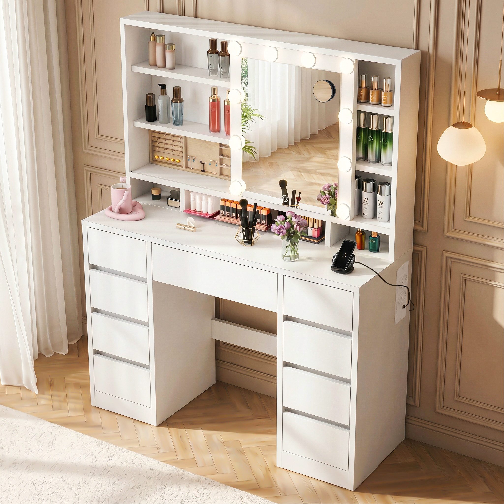oyajia Schminktisch mit Spiegel und LED-Leuchten,9 Schubladen, Steckdosenleiste (Großer Schminktisch mit Verschiebbarer Spiegel, 110 x 40 x 141.5cm), 9 Schubladen,3 Lichtfarben,1 Schmuckfach,für Schlafzimmer,Holz,Weiß