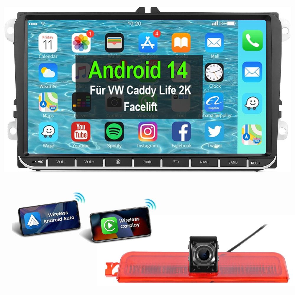 ESSGOO 7"/9" Für VW Caddy Life 2K Facelift Mit Rückfahrkamera Bremsleuchte Autoradio (Digitalradio (DAB), RDS, FM, AM, Apple Carplay Android Auto GPS Navi WIFI BT SWC)