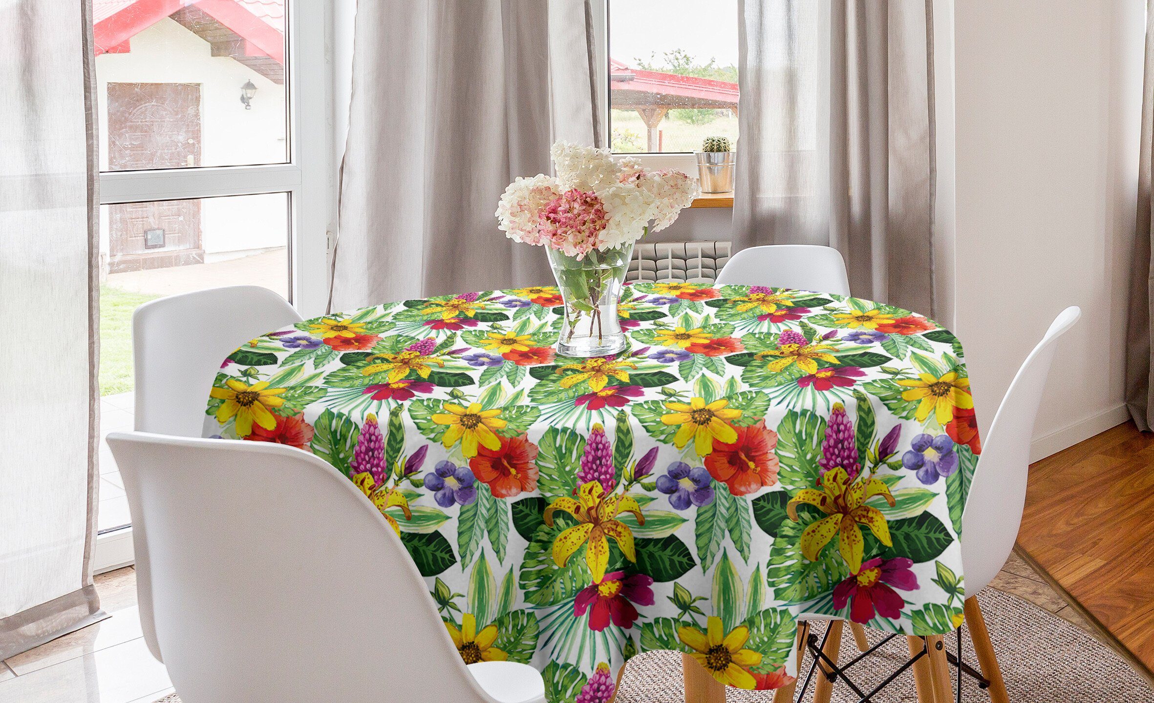 Abakuhaus Tischdecke Kreis Tischdecke Abdeckung für Esszimmer Küche Dekoration, Urwald Lily Hibiscus Monstera