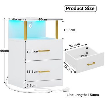 MSMASK Nachttisch mit Ladestation und LED-Leuchten, Beistelltisch mit offener Speicher (1-St), 2-Schubladen, 2 AC-Steckdosen, 2 USB-Anschlüsse