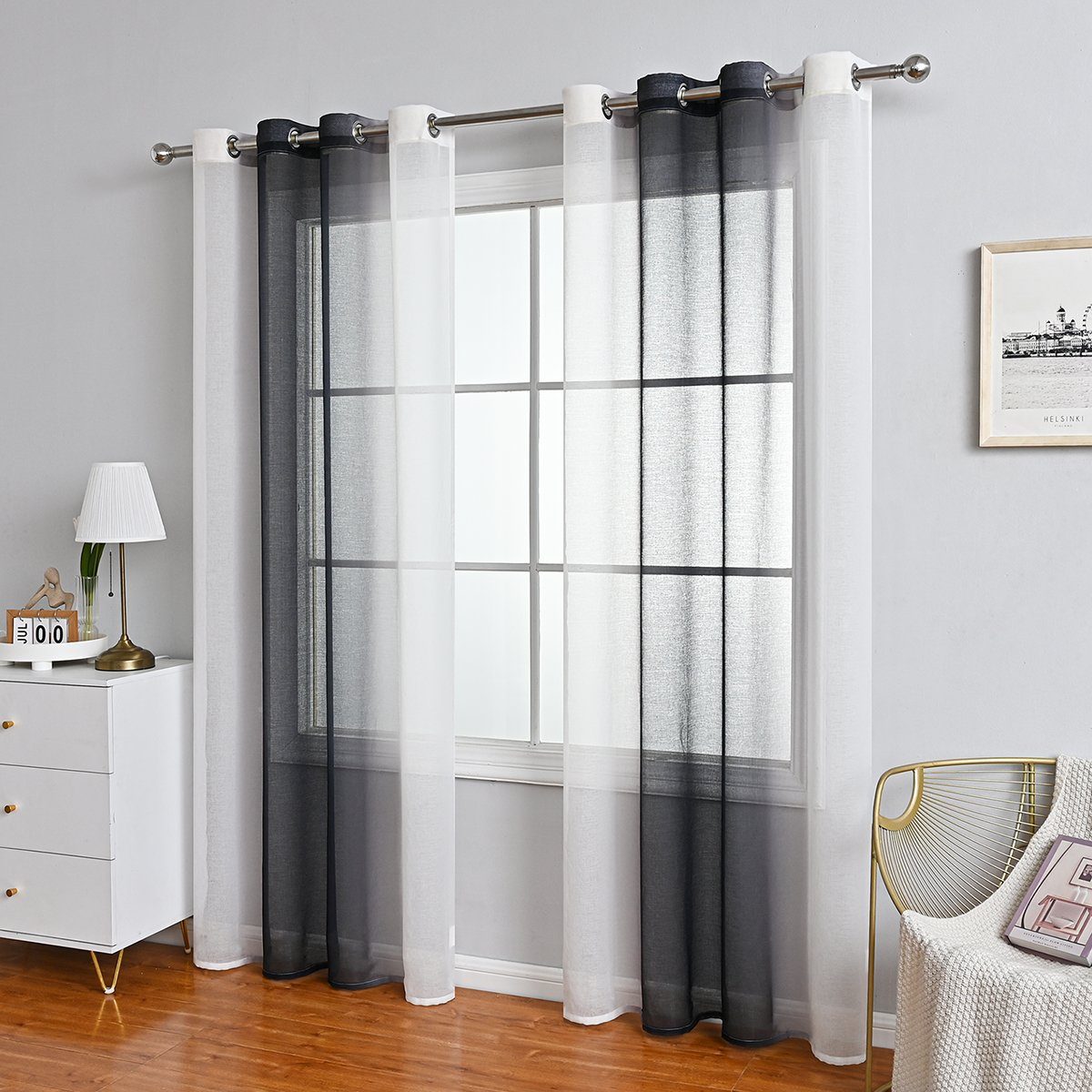Vorhang, HOMEIDEAS, Ösen (2 Fenstervorhang Schwarz transparent, Farbverlauf Durchsichtig, St)