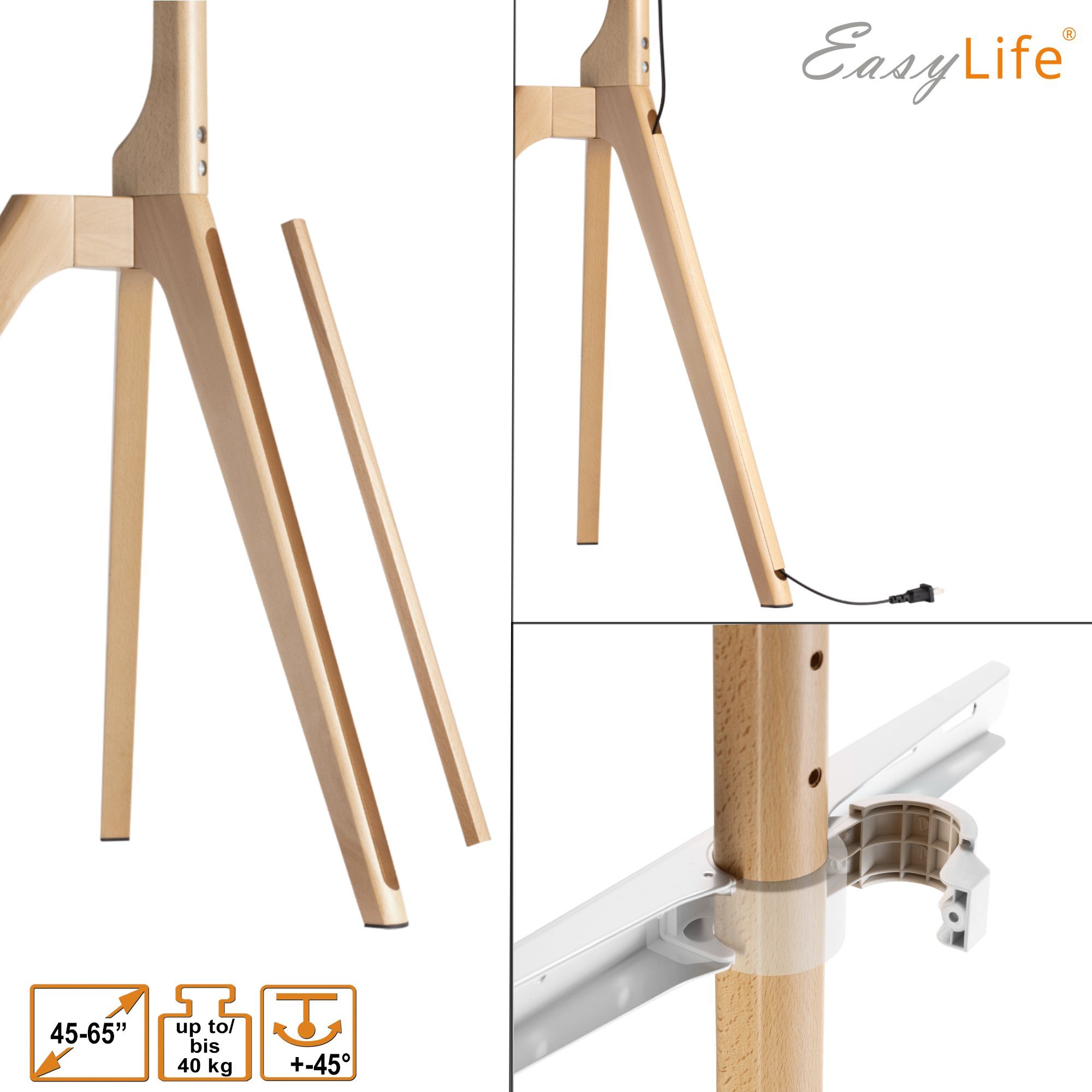 EasyLife TV-Ständer STAFFELEI TV-Stativ 45-65", Schwenkbar VESA 400x400 (Weiß/Buche), (bis 65 Zoll) – Bild 5 von 5