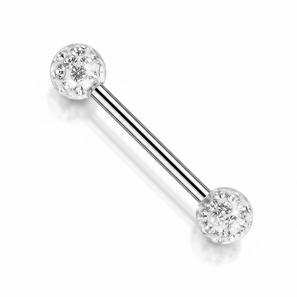Karisma Brustwarzenpiercing Titan G23 Damen, Nippelpiercing 1,6mm mit zwei 5mm, Kristall-Kugeln & Epoxy, Barbell Silber-Optik 1 Stück