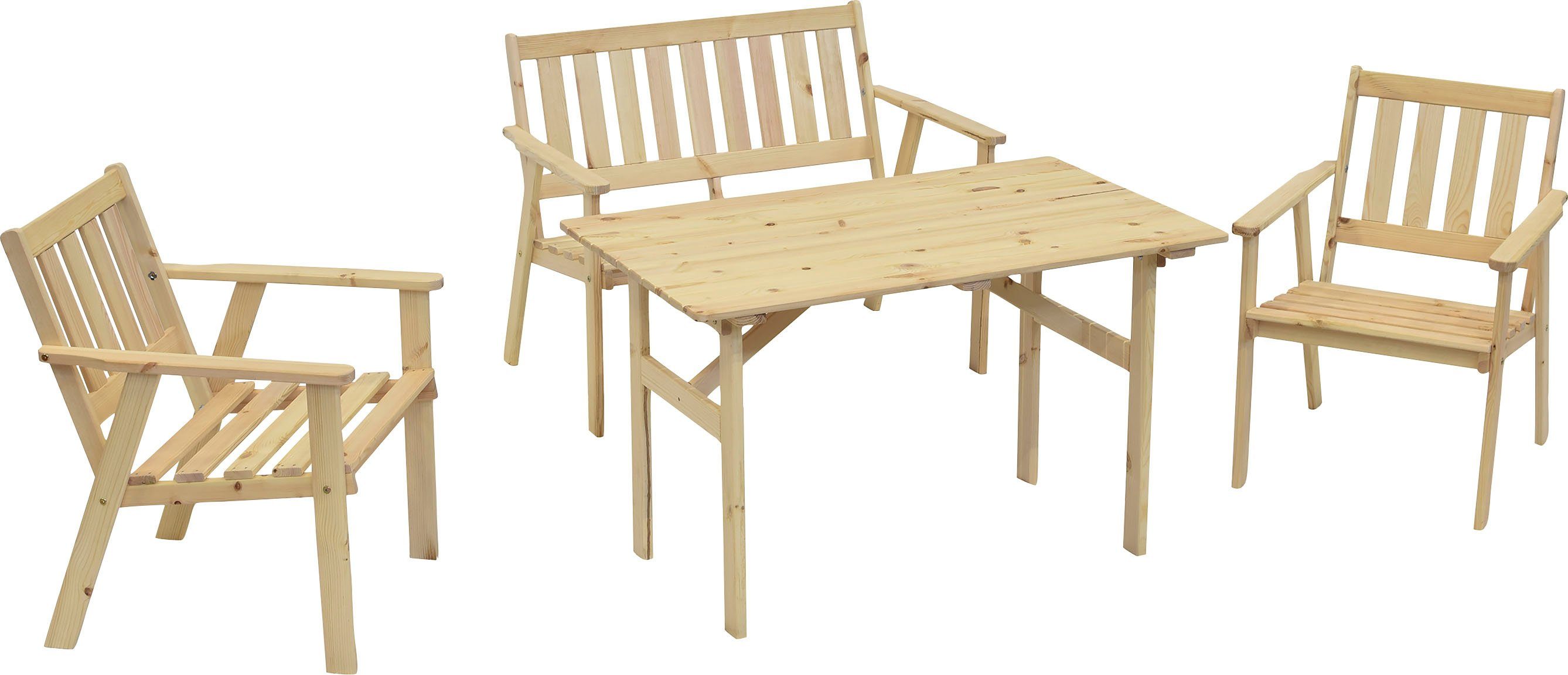 MERXX Garten-Essgruppe Sylt, (4-tlg., 2x Sessel, 1x Bank, 1x Tisch), Kiefernholz