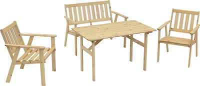 MERXX Garten-Essgruppe Sylt, (4-tlg., 2x Sessel, 1x Bank, 1x Tisch), Kiefernholz