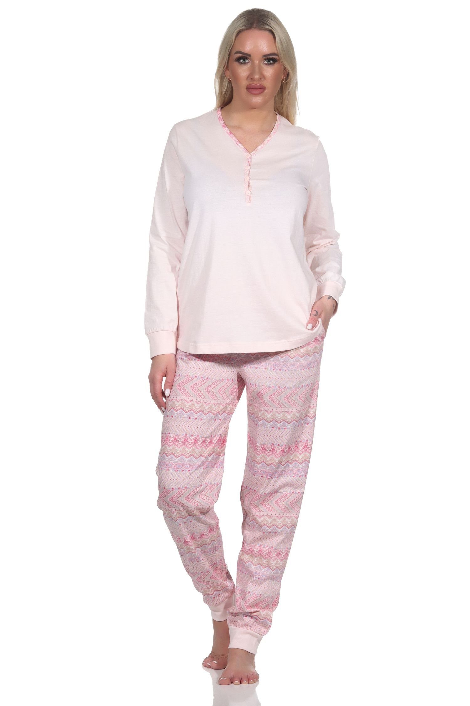 Normann Pyjama Damen Schlafanzug lang mit Bündchen im Ethnolook - auch in Übergrößen rosa
