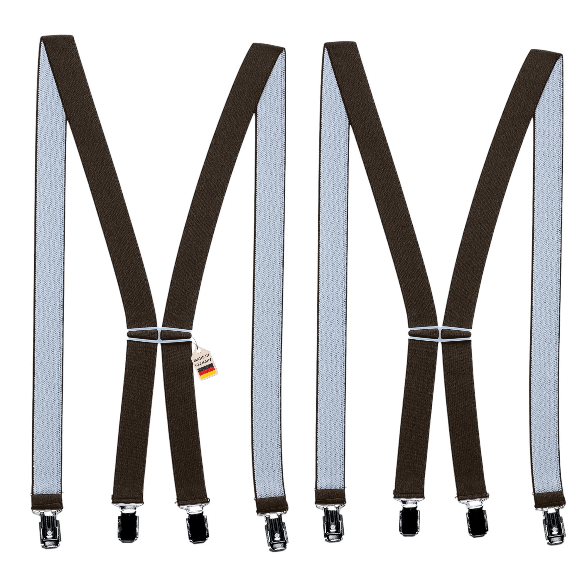 ZUKUNFTSENKEL Hosenträger 2er Pack Braun schmal 2,5cm breite, 4 starke Clips (X-Form Für Damen und Herren) Deutsche Herstellung, Elastisch