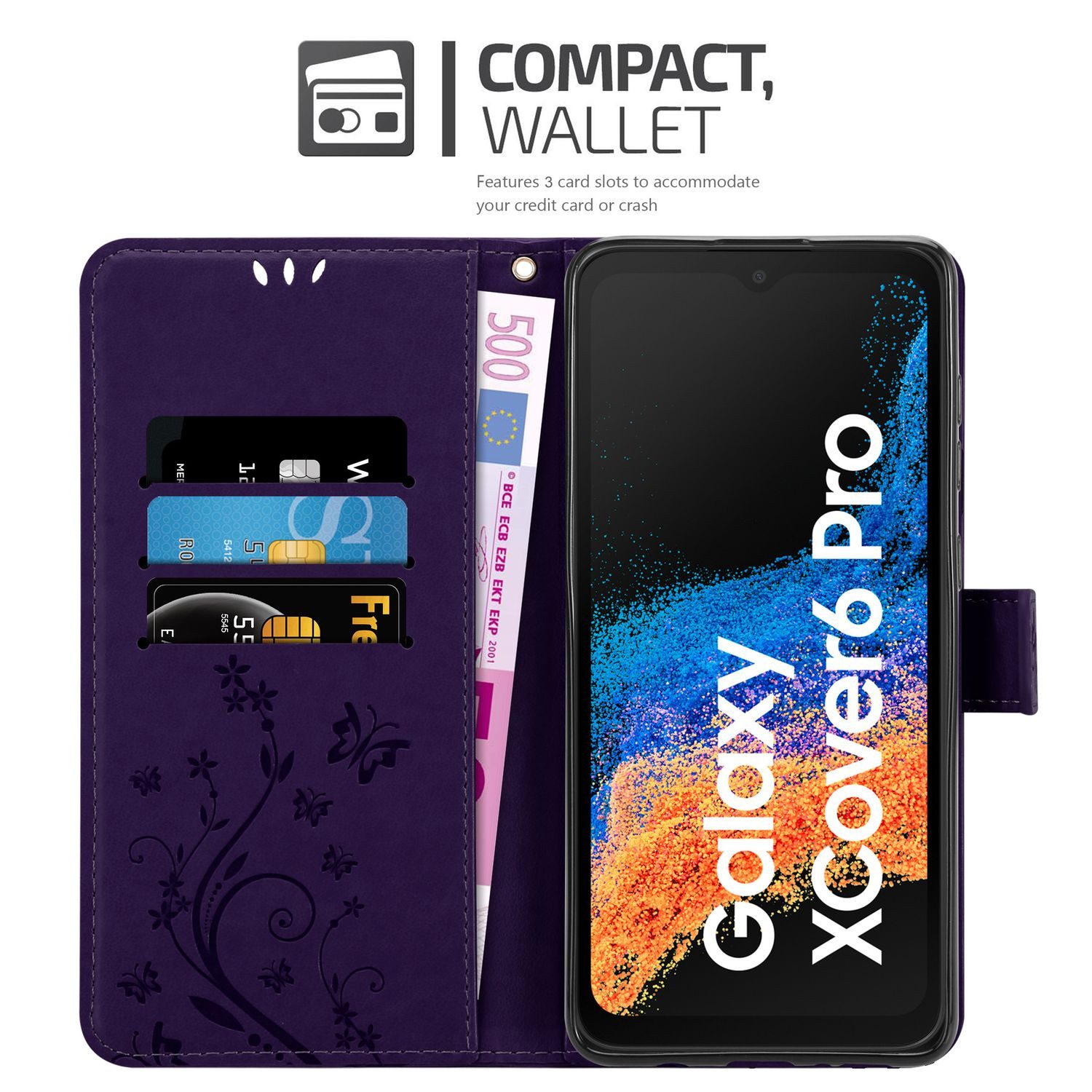 Cadorabo Handyhülle für Samsung Xcover 6 Pro Hülle Samsung Xcover 6 Pro, Hülle Schutzhülle Blumen Flower mit Standfunktion Kartenfach Magnet