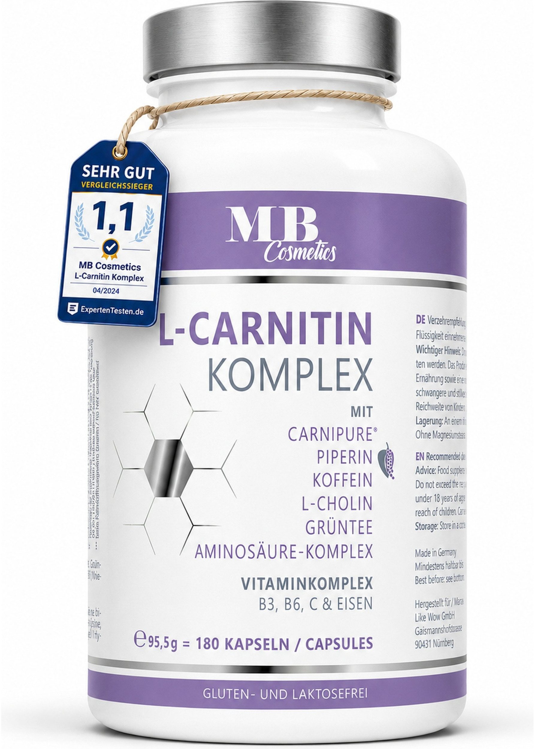 Medical Beauty Cosmetics L-Carnitin Carnipure Komplex mit Cholin, Koffein, Grüntee, 180 Kapseln, 1 er Packung à 95.5 g, Hochdosiert, vegan, glutenfrei, laborgeprüft, 3-Monats-Vorrat