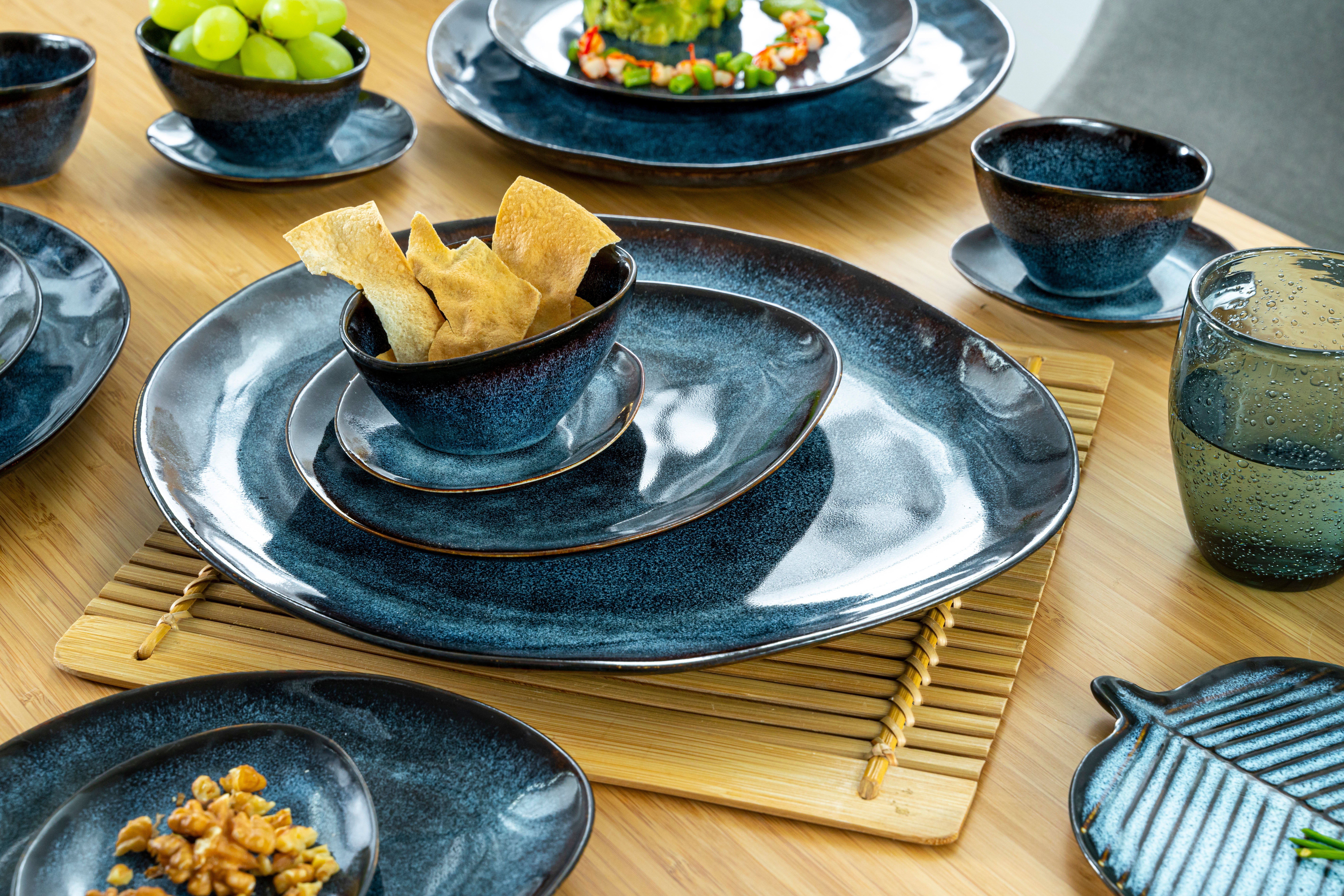 SÄNGER Servier-Set Tokio, Steingut, (11-tlg), Blau Schwarz, Handmade, Premium Collection