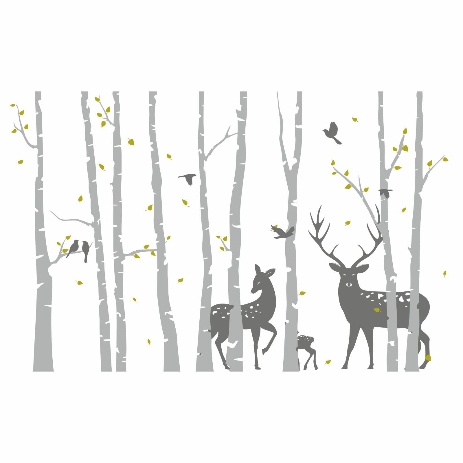 nikima Wandtattoo 200 Birkenstämme GRAU mit Hirsch, Reh und Kitz (PVC-Folie)