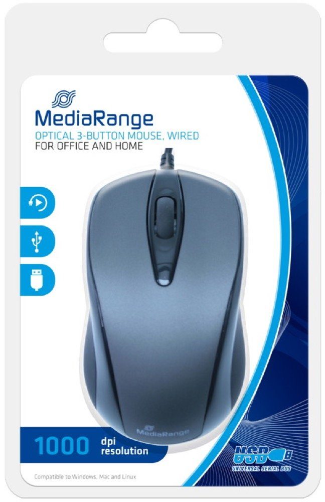 Mediarange Mediarange Maus optisch mit Kabel 3 Tasten 1000 dpi schwarz MROS201 Maus