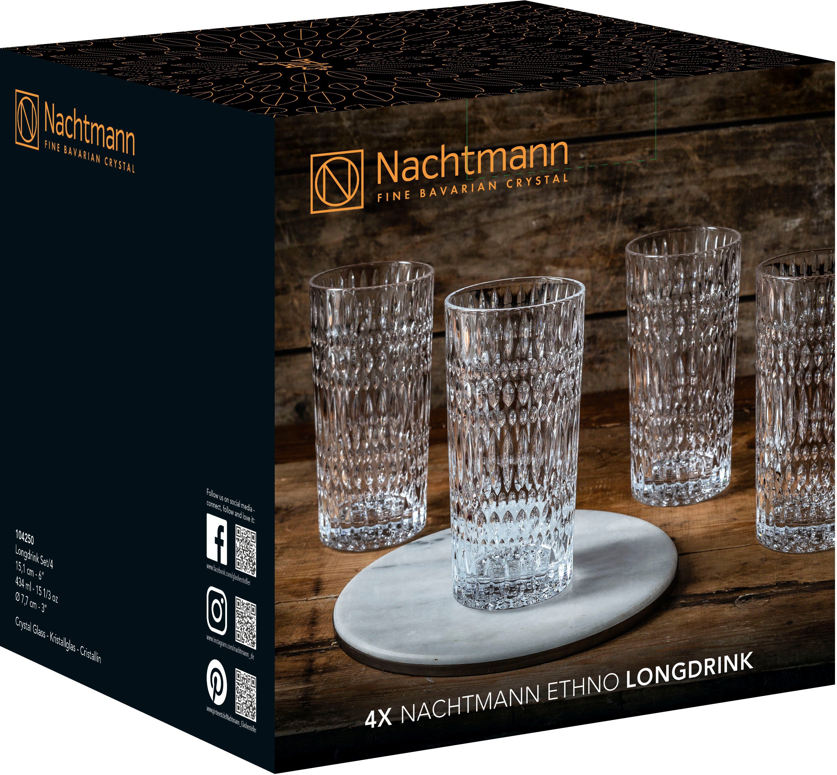 Nachtmann Longdrinkglas Ethno, 4-tlg., Kristallglas, Made in Germany, 422 ml, 4-teilig
