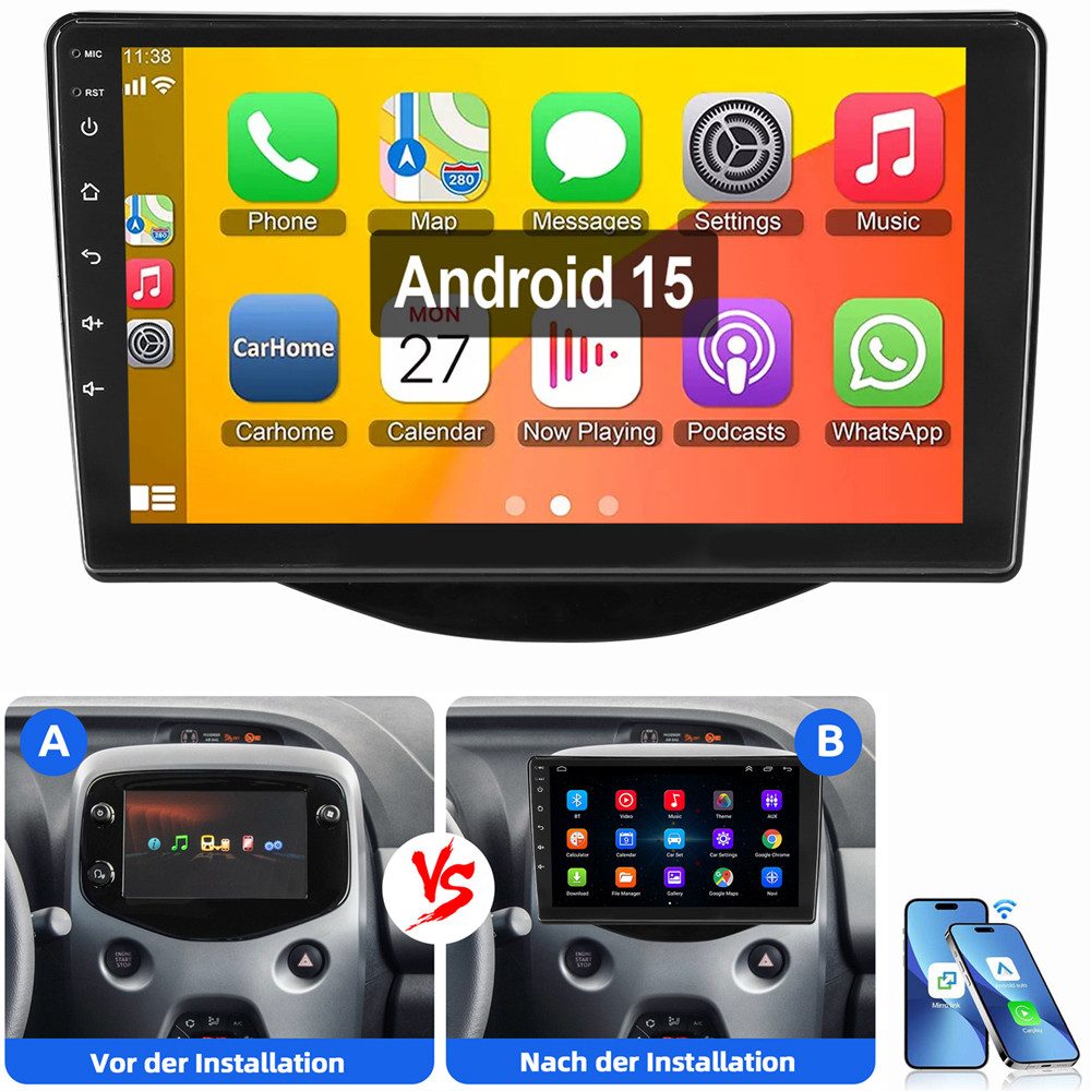 ESSGOO Für Toyota Aygo Citroen C1/Peugeot 108 Android 15 CARPLAY Autoradio (Digitalradio (DAB), RDS, FM, AM, Apple Carplay Android Auto GPS Navi WIFI BT)