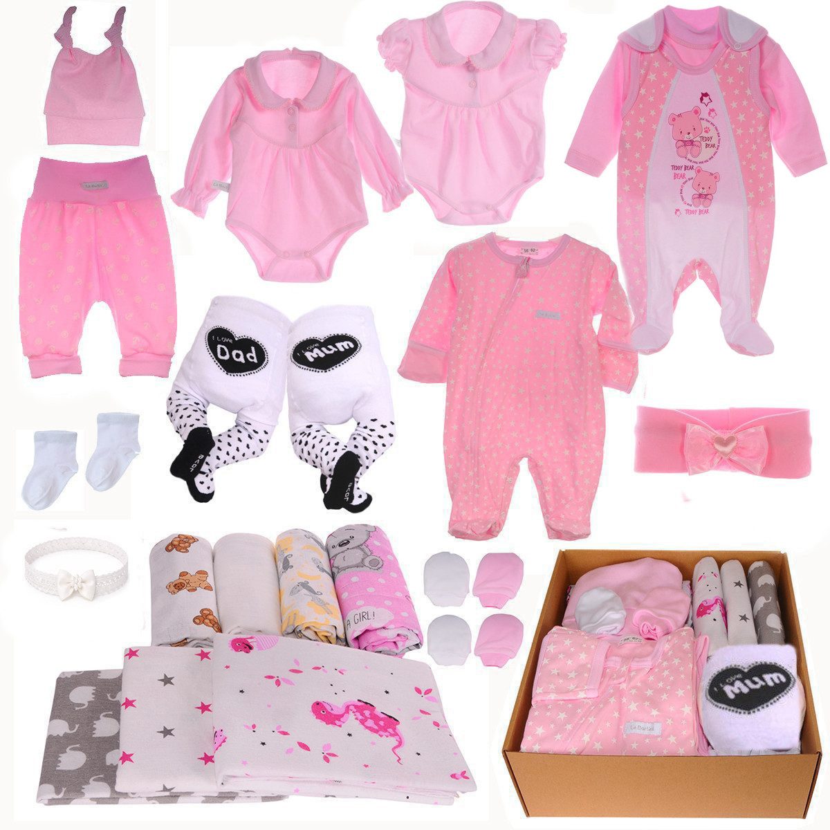 La Bortini Erstausstattungspaket Baby Set 21 Teile Body Hose Strampler Strumpfhosen Shirt Socken (Paket für Mädchen, Bekleidung für Neugeborene, Geschenk zur Geburt) aus Baumwolle, ein Geschenk zur Geburt, Paket in Rosa für Neugeborene