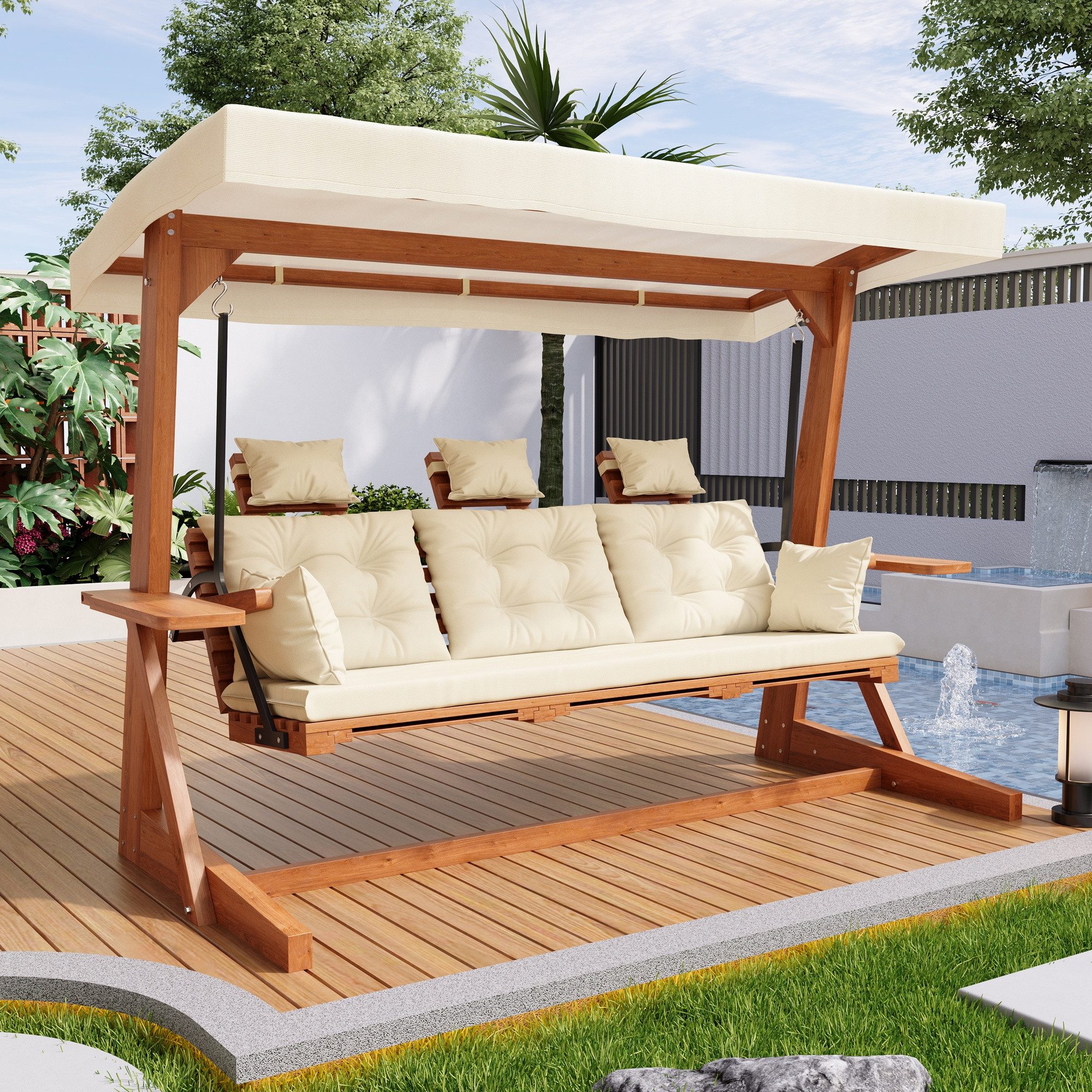 Merax Hollywoodschaukel aus Lärchenholz, Gartenmöbel mit dicken Auflagen, 3-Sitzer, 1 tlg., Gartenschaukel mit integriertem Sonnenschutz & ausziehbarer Fußstütze