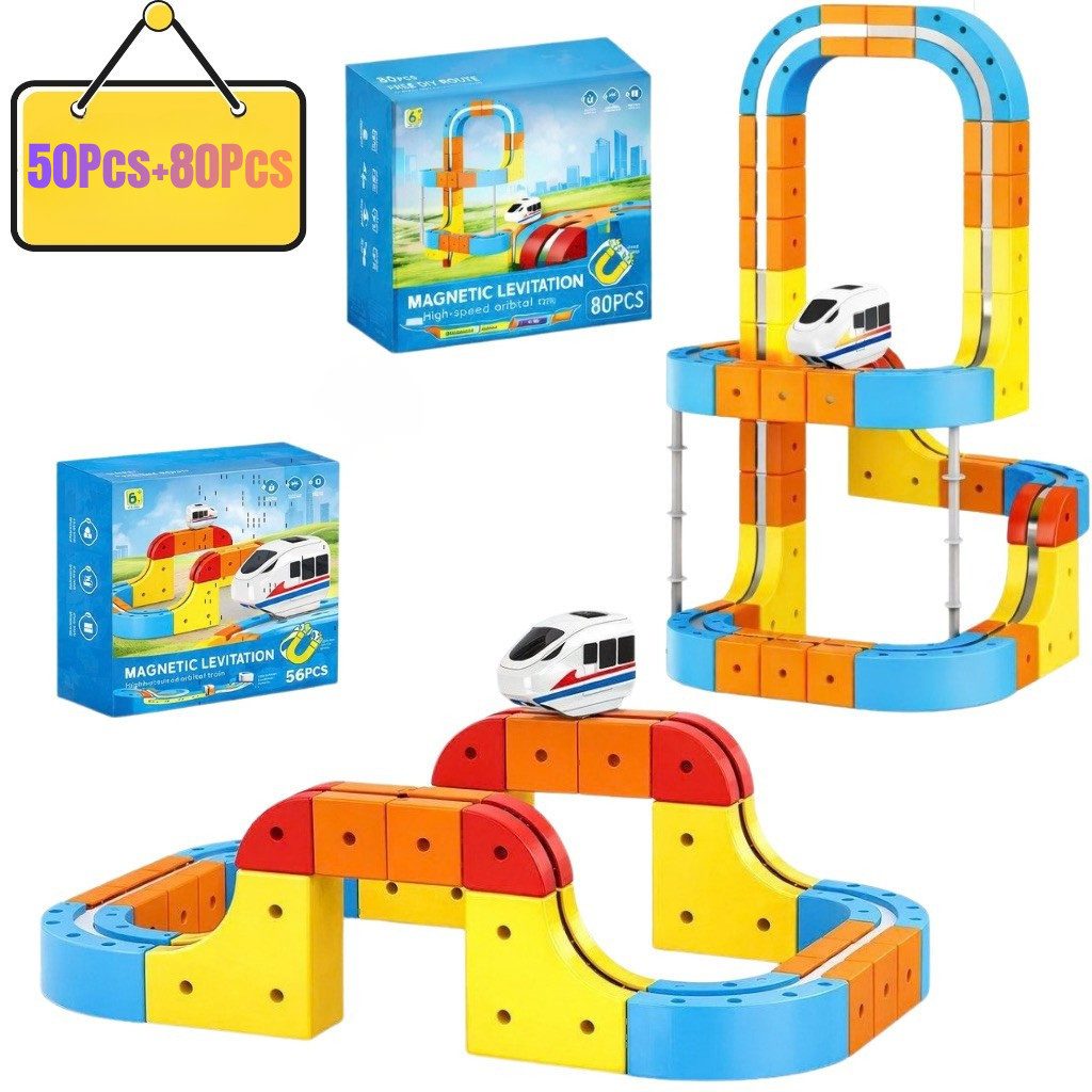 Goldstern-Tech Spielzeugeisenbahn-Set Magnetische Zugbahn Baukasten, (136-tlg., Wählbar als 56, 80 oder 150 Teile Rennbahn Set), Magnetische 3D Zugstrecke – flexibel & motorisiert