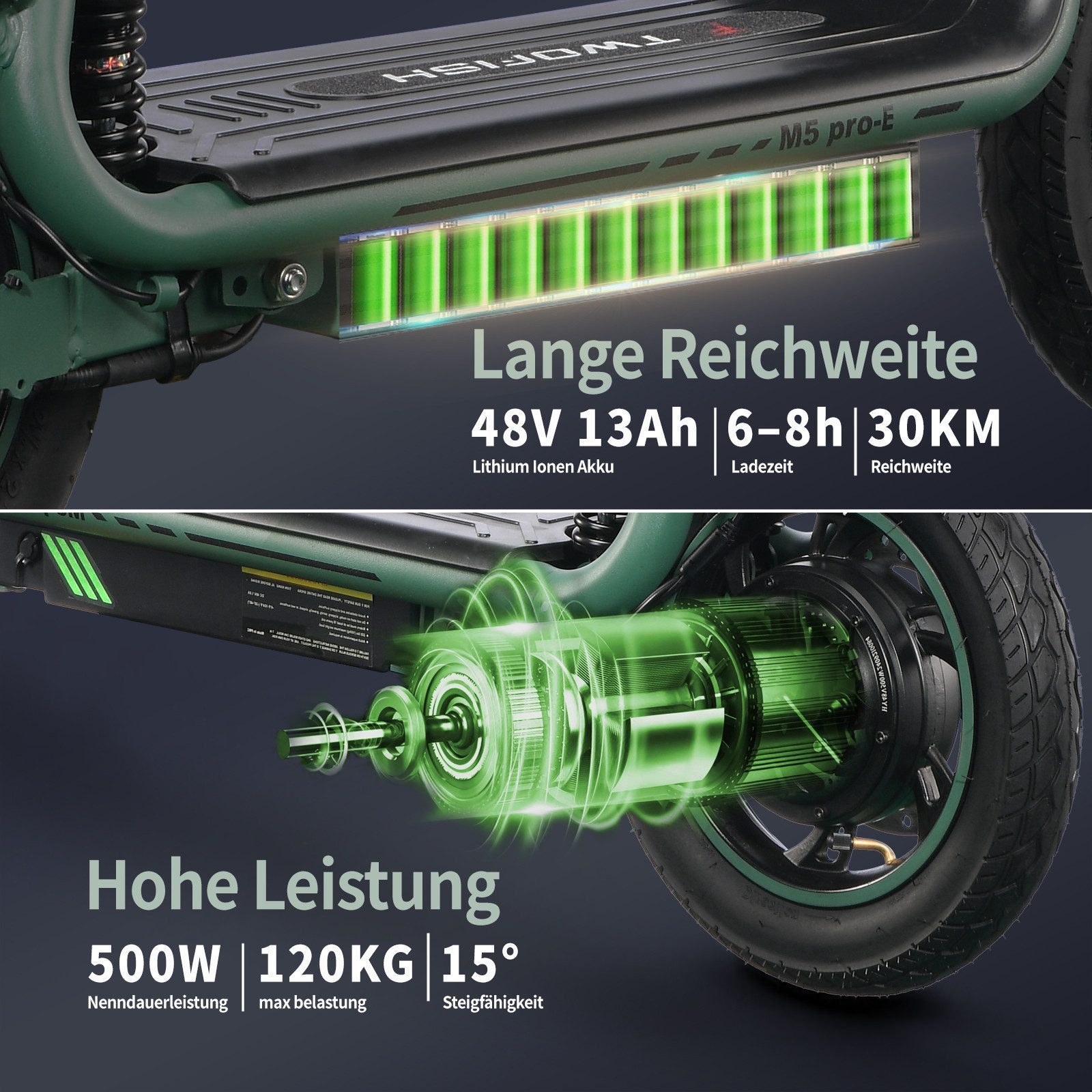 Twofish E-Motorroller M5 PRO-E EEC (EEC-zertifiziert) mit Sitz & Heckkorb, 40 km/h, 30 km Reichweite, Doppelscheibenbremsen, Stoßdämpfer vorne und hinten