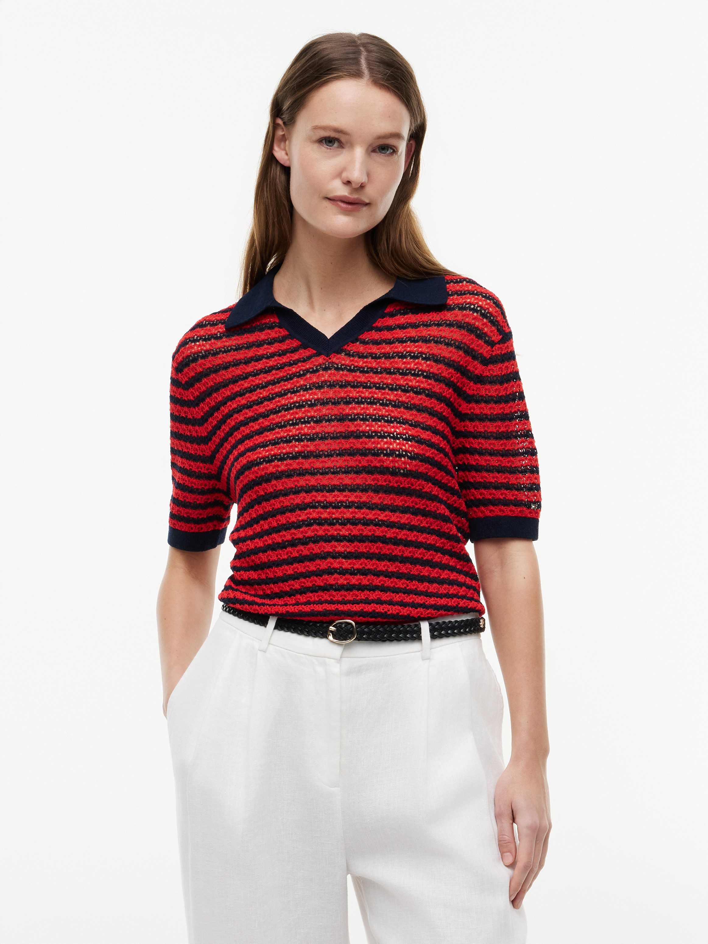 Tommy Hilfiger Polokragenpullover POINTELLE V-NK POLO SS Baumwollmischung, Polokragen