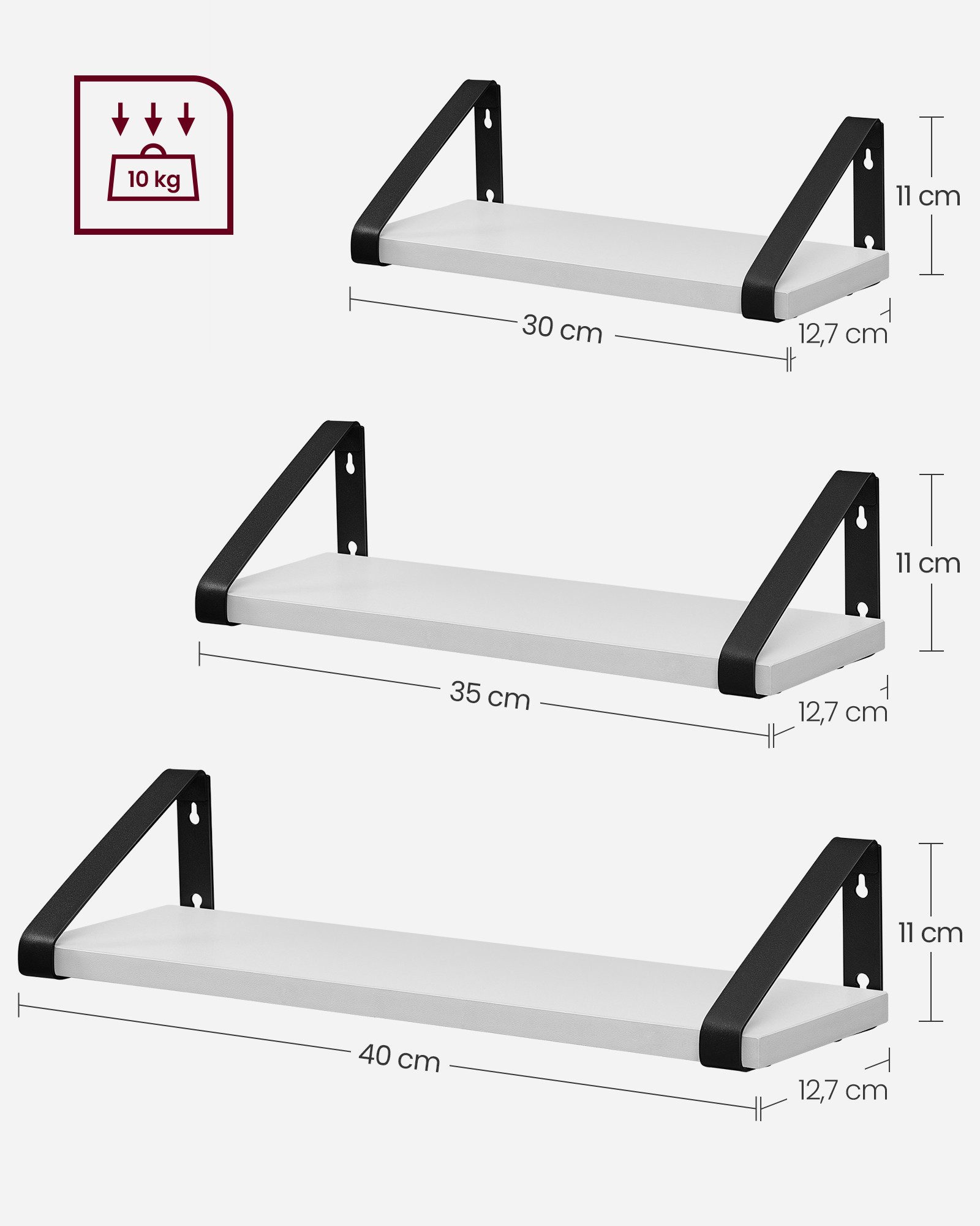 VASAGLE Wandregal Schweberegal, 3er Set, Regalbrett, 2 Montagemöglichkeiten, 3-tlg., 30/35/40 cm, für Wohnzimmer, Küche