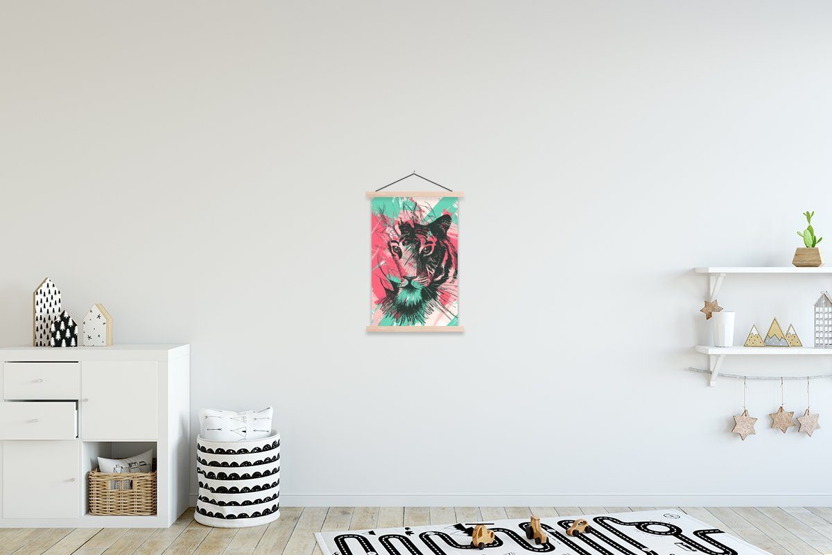 MuchoWow Poster Tiger - Abstrakt - Rosa, (1 St), Posterleiste, Textilposter für Wohnzimmer, Bilderleiste, Magnetisch