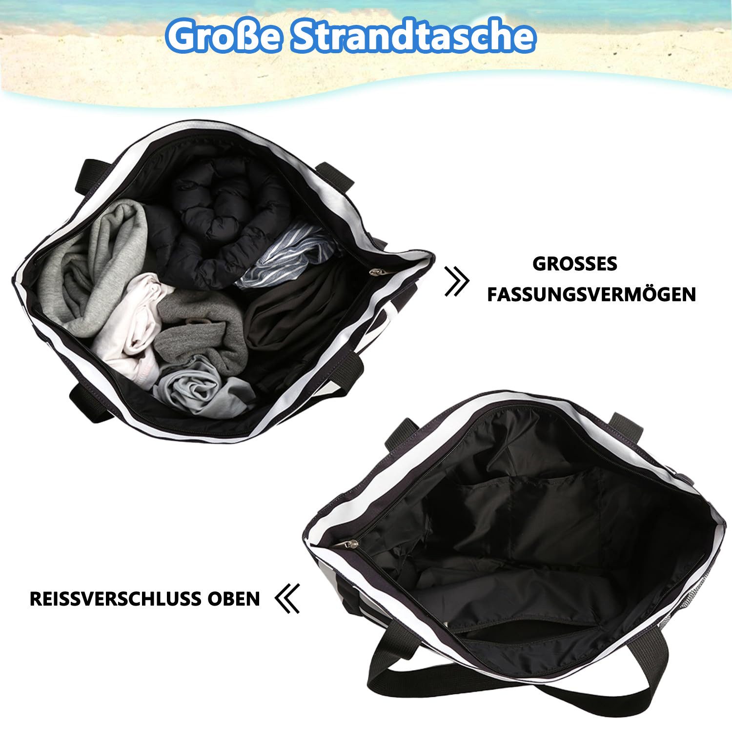 Zaewry Strandtasche Damen mit Reißverschluss, Große Strandtasche xxl Familie, Badetasche, Damen Wasserdicht, Beach Tote Bag für Reisen Pool – Bild 4 von 5