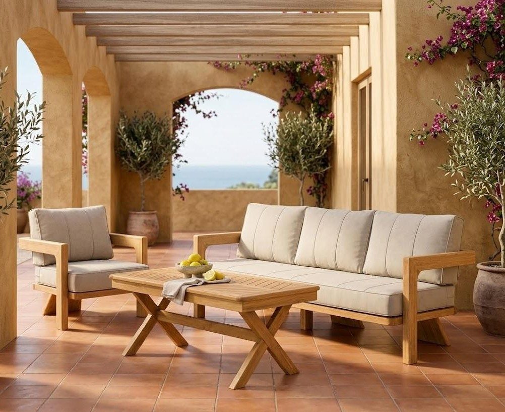 Xlmoebel Gartenlounge-Set Gartenlounge Set 3-Sitzer sofa Sessel Beige Kissen Couchtisch, (Gartenlounge-Set, 3-tlg., 3-tlg), Abnehmbares Sitzkissen