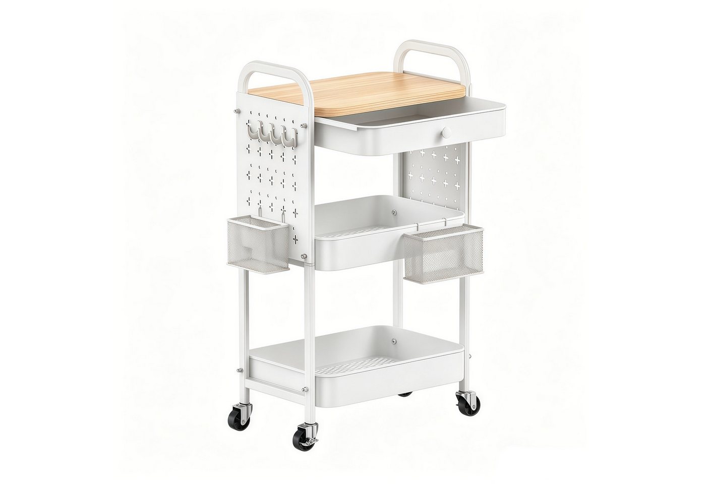 GLIESE Beistellwagen Vielseitiger Küchenwagen, Servierwagen, für Küche, Büro, Wohnzimmer, 2 Hängekörben, 4 Haken, 2 Lochplatten,1 Schublade, Bremsrollen, Griff