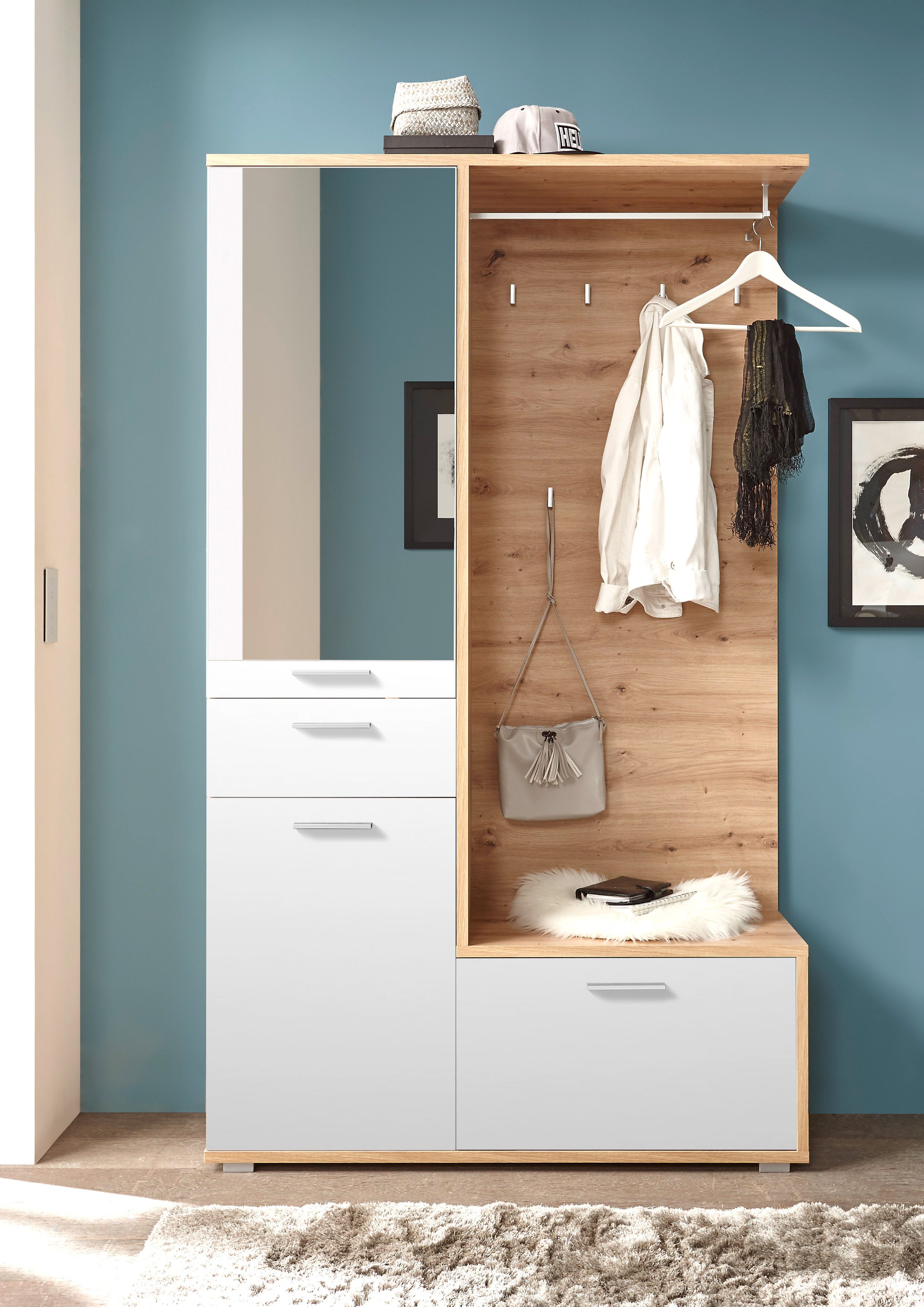 HBZ Kompaktgarderobe Entra Garderobe, BxHxT 117x198x38 cm (3-St) mit Spiegel und Schubkasten