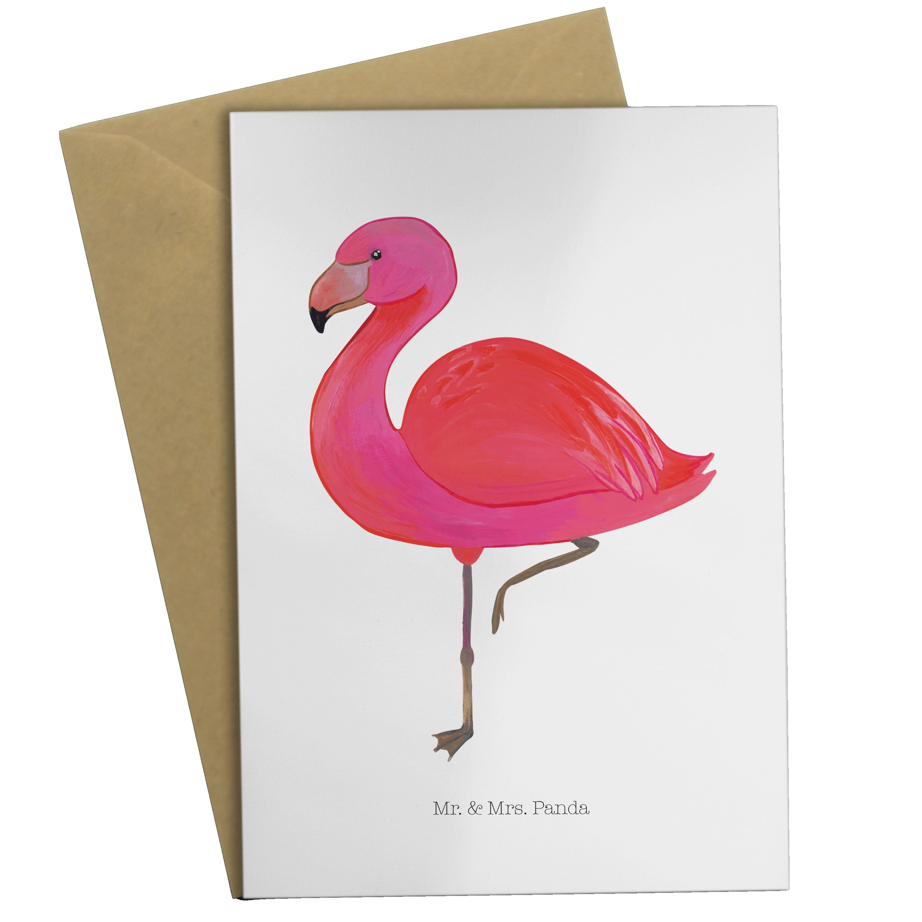 Mr. & Mrs. Panda Grußkarte Flamingo classic - Weiß - Geschenk, Einladungskarte, einzigartig, Geb