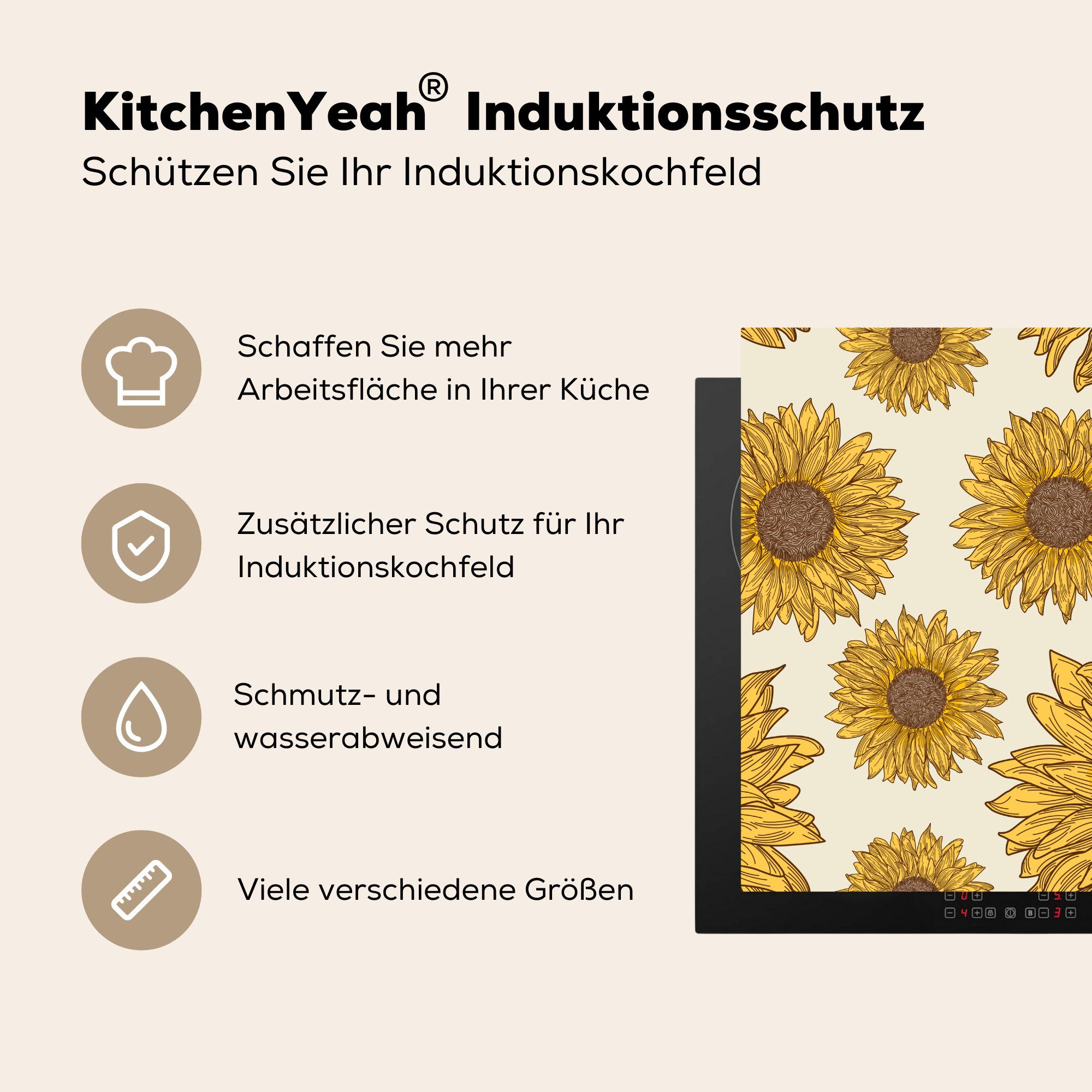 küche von Ceranfeldabdeckung, tlg), 78x78 Sonnenblumen, Vinyl, Muster Illustriertes (1 MuchoWow cm, Arbeitsplatte für Herdblende-/Abdeckplatte