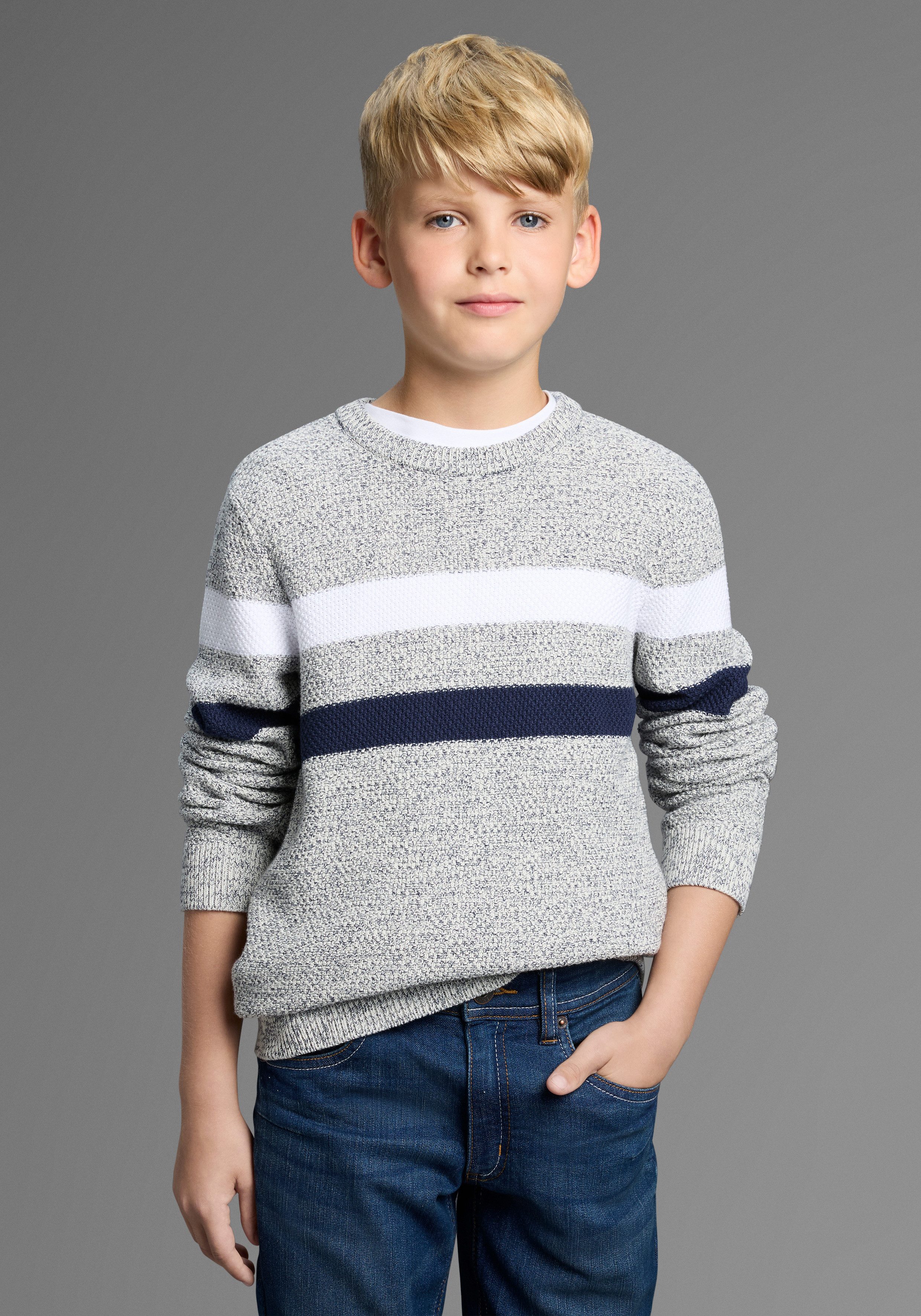 Bruno Banani Strickpullover Ringelpullover in modischer Strickstruktur für Jungen Für TEENS, Pullover in Melangeware