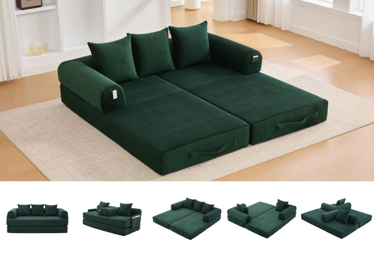 LVHOM Loungesofa faltbar mit Schlaffunktion, Stabil-/abnehmbarer Außenrahmen aus Metall, frei kombinierbar, Liege- oder Klappsofa, 3 Kissen, Hochelastischer Schaumstoff, weicher Cordstoff, Praktische Seitentaschen zur Aufbewahrung, Ideal für flexible Raumgestaltung in Wohn- oder Kleinwohnungen, Tragfähigkeit 300kg, als Gästebett nutzbar,Arbeitszimmer/Wohnzimmer