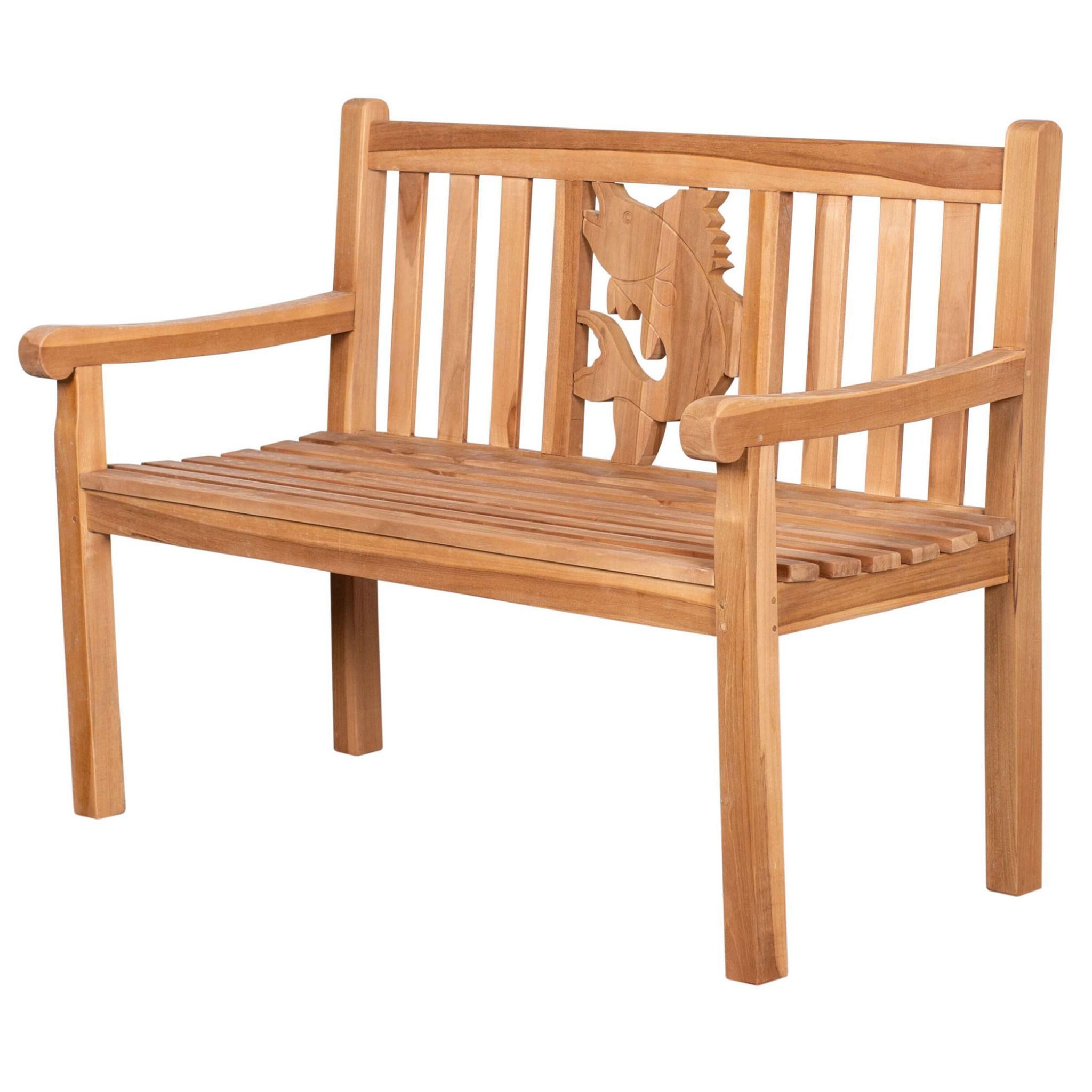 bene living Gartenbank Fisch 120 cm - Teakholz, geschwungende Armlehnen - Rückenlehnen mit Fisch-Motiv