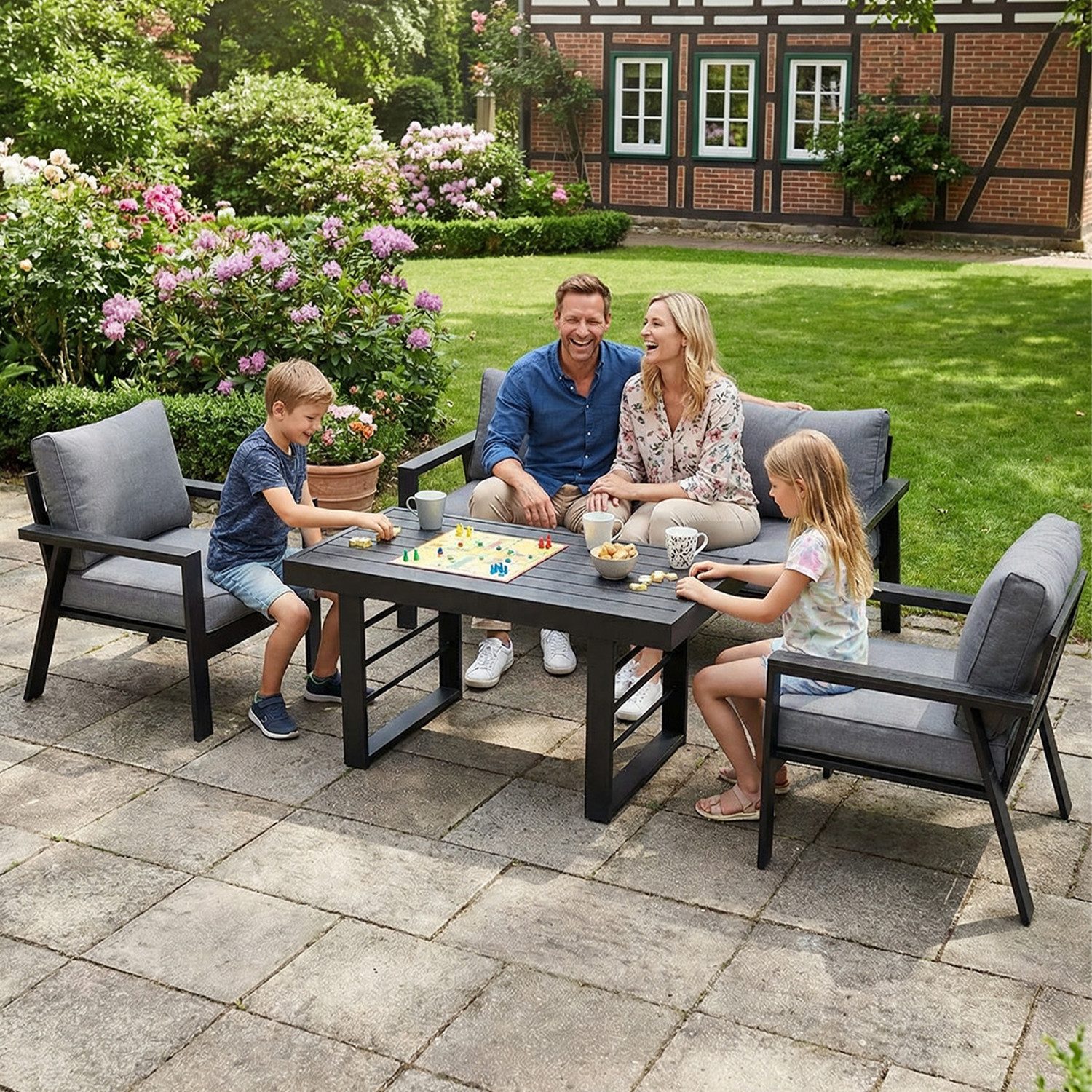 MeXo Gartenlounge-Set Gartenmöbel Set Aluminium 5-6 Personen, wetterfest, (Garten Essgruppe, Belastbarkeit pro Sitzplatz 140 kg, 4-tlg., mit ergonomischen Sesseln und extra dicken Kissen), Dining Loungeset Outdoor für Essen & Entspannen im Freien