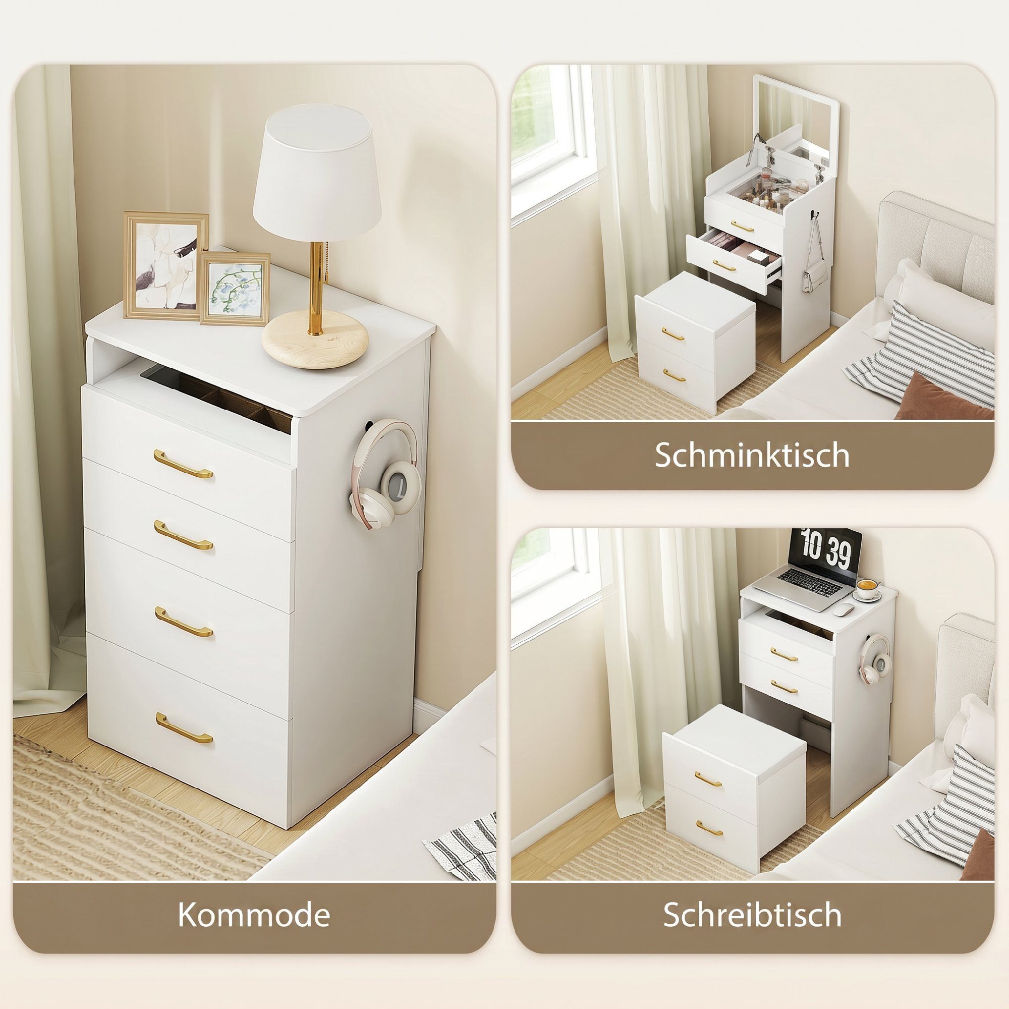 HOMCOM Schminktisch Kosmetiktisch mit Klappspiegel, Frisiertisch mit 3 Schubladen (Kosmetiktisch, 1-St., Frisiertisch), Frisierkommode für Schlafzimmer, Weiß – Bild 4 von 5