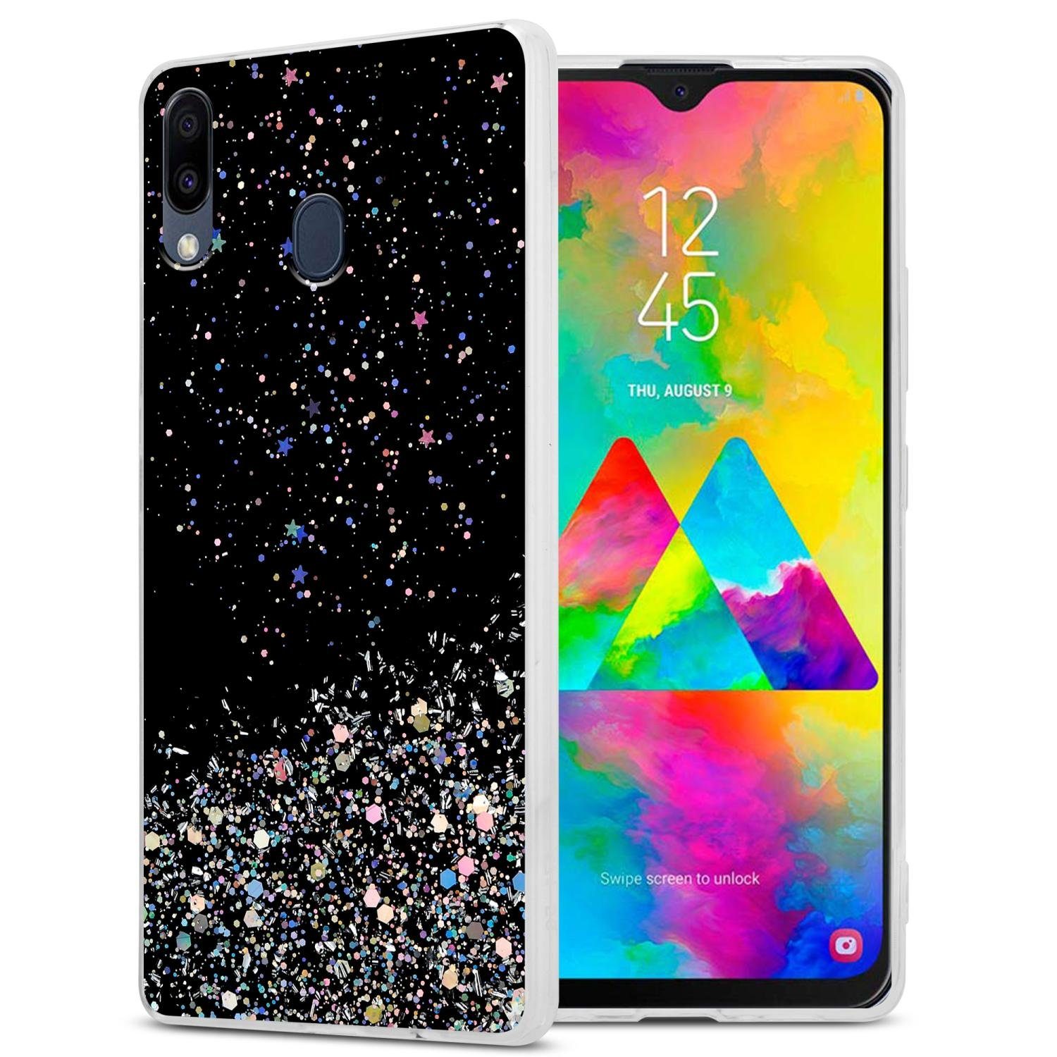 Cadorabo Handyhülle für Samsung Galaxy M20 Hülle Samsung Galaxy M20, Flexible TPU Silikon Handy Schutzhülle - Hülle - mit Glitzer