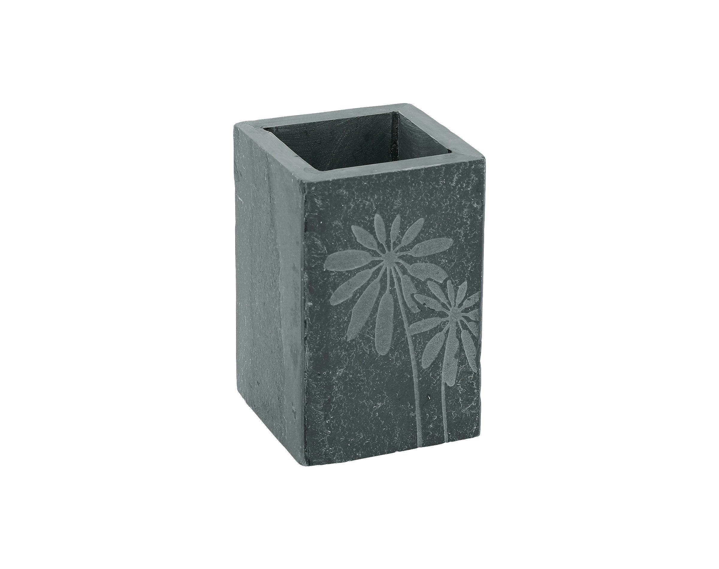 Batex Zahnputzbecher aus echtem Schiefer JURA anthrazit, Mundspülbecher Natur-Schiefer Blütenmotiv Becher für Zahnbürste grau