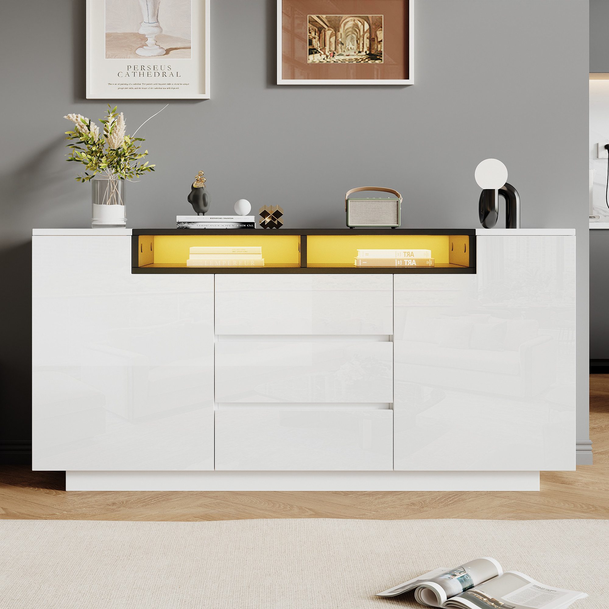 KLAM HOME Sideboard Sideboard 140×40×68 cm Hochglanz Weiß‑Schwarz mit LED‑Beleuchtung (Kommode mit 2 L‑förmigen Türen, 3 Schubladen und verstellbaren Trennwänden), Multifunktionaler Spanplattenschrank mit App‑LED für das Wohnzimmer
