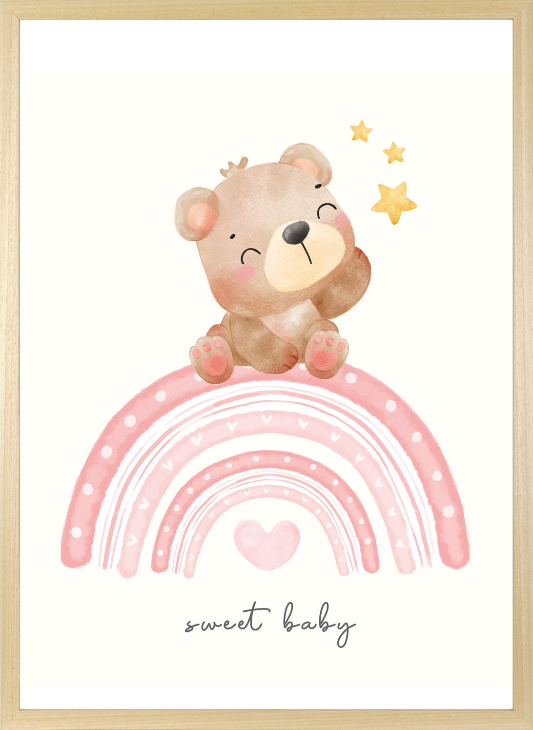 queence Bild mit Rahmen Bär auf buntem Regenbogen, Bilder vom Sternenhimmel, Bär, Bären, Herz, Herzen, Regenbogen, Schriftzug, Stern, Sterne, Teddy, Tiere (1 St), HD Premium Posterdruck mit Echtholzrahmen