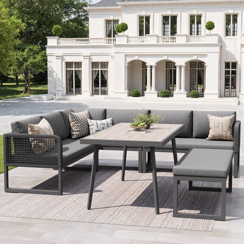 BBWL Gartenlounge-Set PE-Rattan für 6–8 Personen mit extradicken Sitzkissen, wetterfestem Eisengestell, modularer Lounge für Terrasse