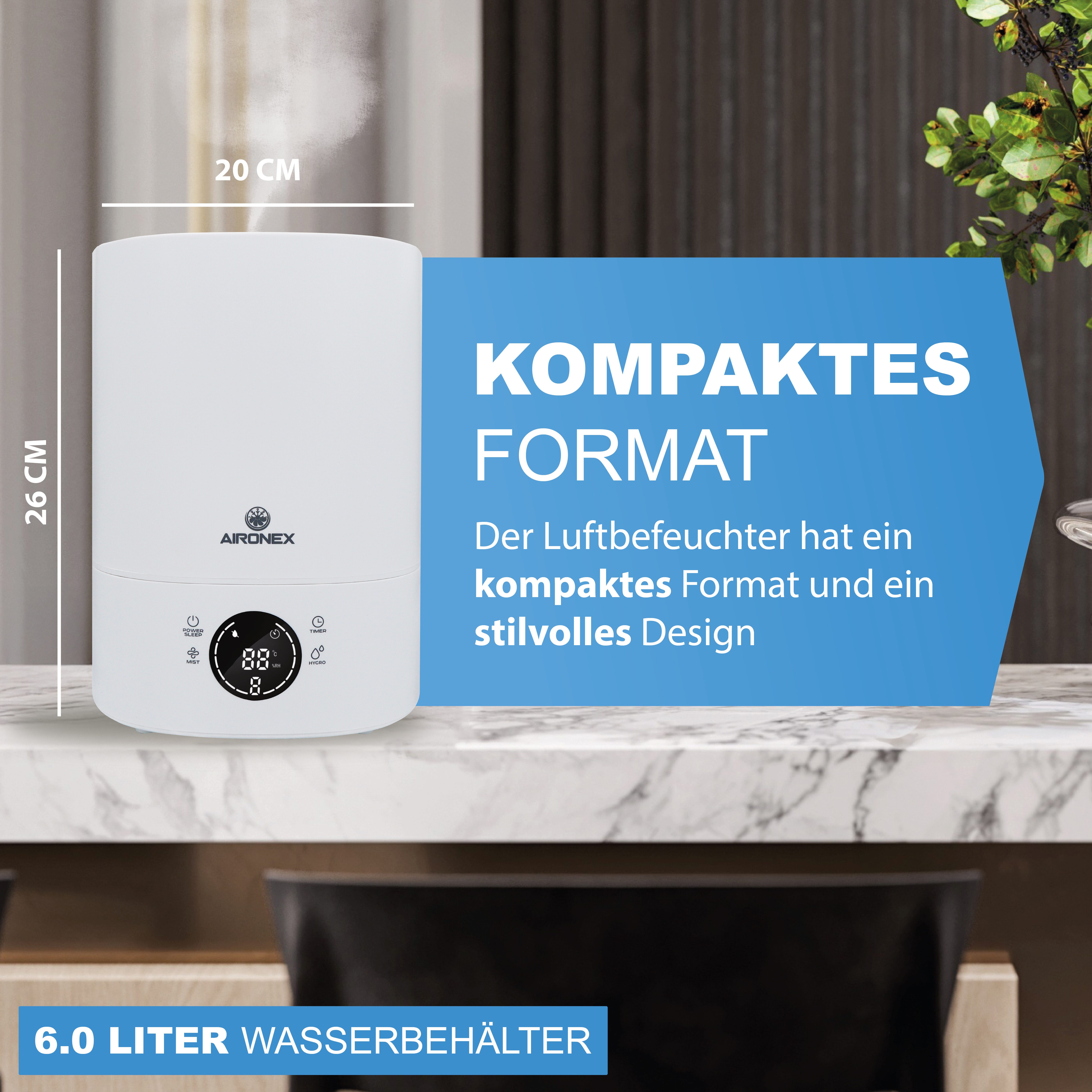 Aironex Luftbefeuchter 6 Liter – Top-Fill – Aroma – Luftbefeuchter, 6 l Wassertank, Geeignet für Wohnzimmer, Büro, Babyzimmer, Schlafzimmer