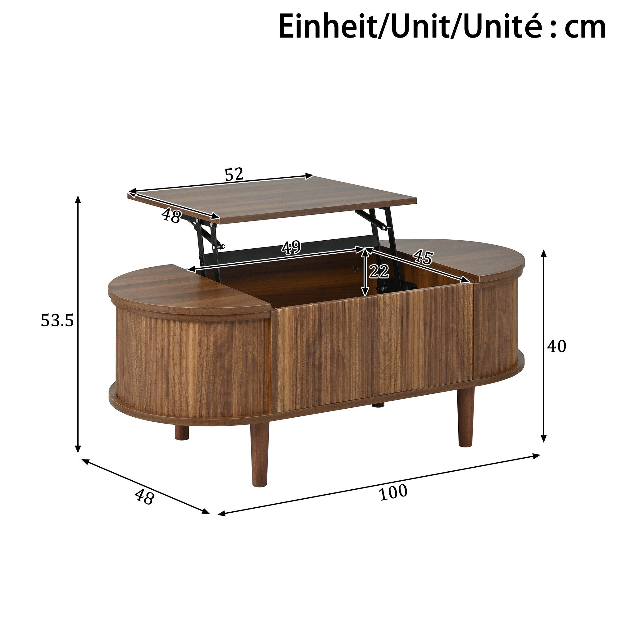 Merax Couchtisch verstellbarer Beistelltisch Ovaler Wohnzimmertisch im Vintage-Stil (100 × 48 × 53,5 cm, 1-St), Sofatisch mit höhenverstellbarer Tischplatte & v – Bild 5 von 5
