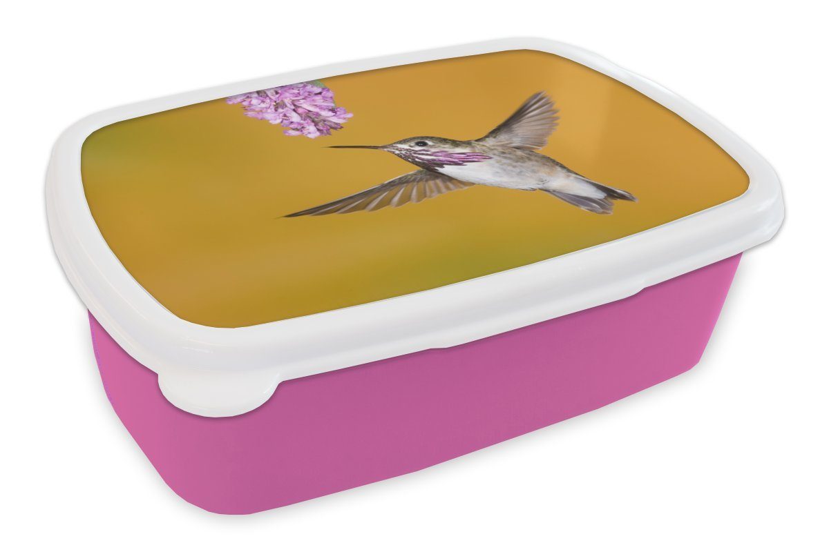 MuchoWow Lunchbox Kolibri - Blume - Gelb, Kunststoff, (2-tlg), Brotbox für Erwachsene, Brotdose Kinder, Snackbox, Mädchen, Kunststoff rosa