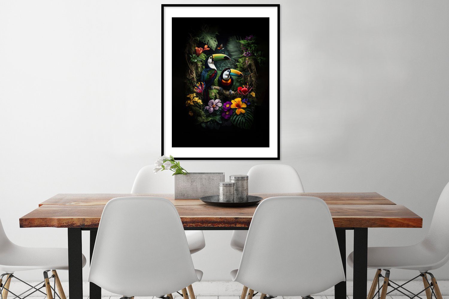 Blumen - Wandposter, Tukan MuchoWow Bilder, St), Poster Schwarzem - Bilderrahmen Gerahmtes Vogel, - - Tropisch Wanddeko, (1 Poster, Dschungel