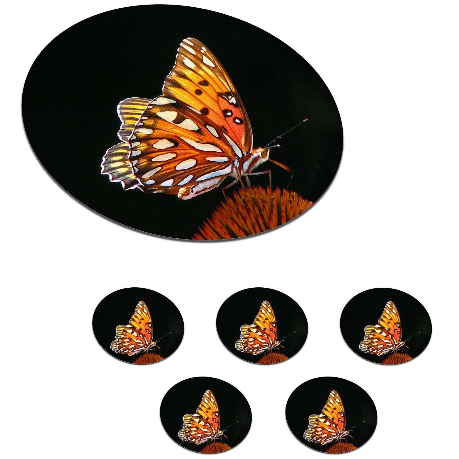 MuchoWow Glasuntersetzer Schmetterling - Blumen Orange, 6-tlg., - - Getränkeuntersetzer, für Becher Zubehör Tassenuntersetzer, Schwarz - Insekt Porträt - Tasse, Korkuntersetzer, Gläser