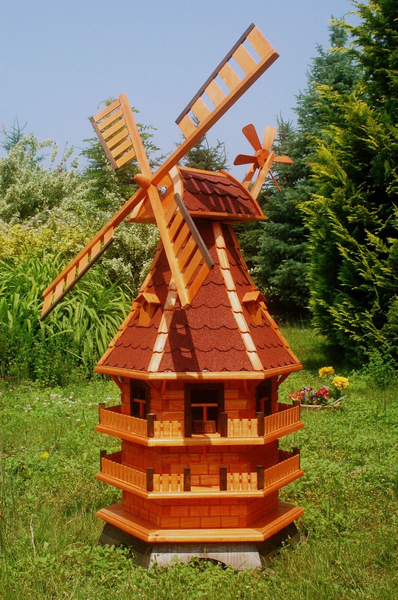 DSH DEKO SHOP Windmühle Höhe HANNUSCH XL 1,5 - mit Rot Solar-Beleuchtung Meter Gartenfigur