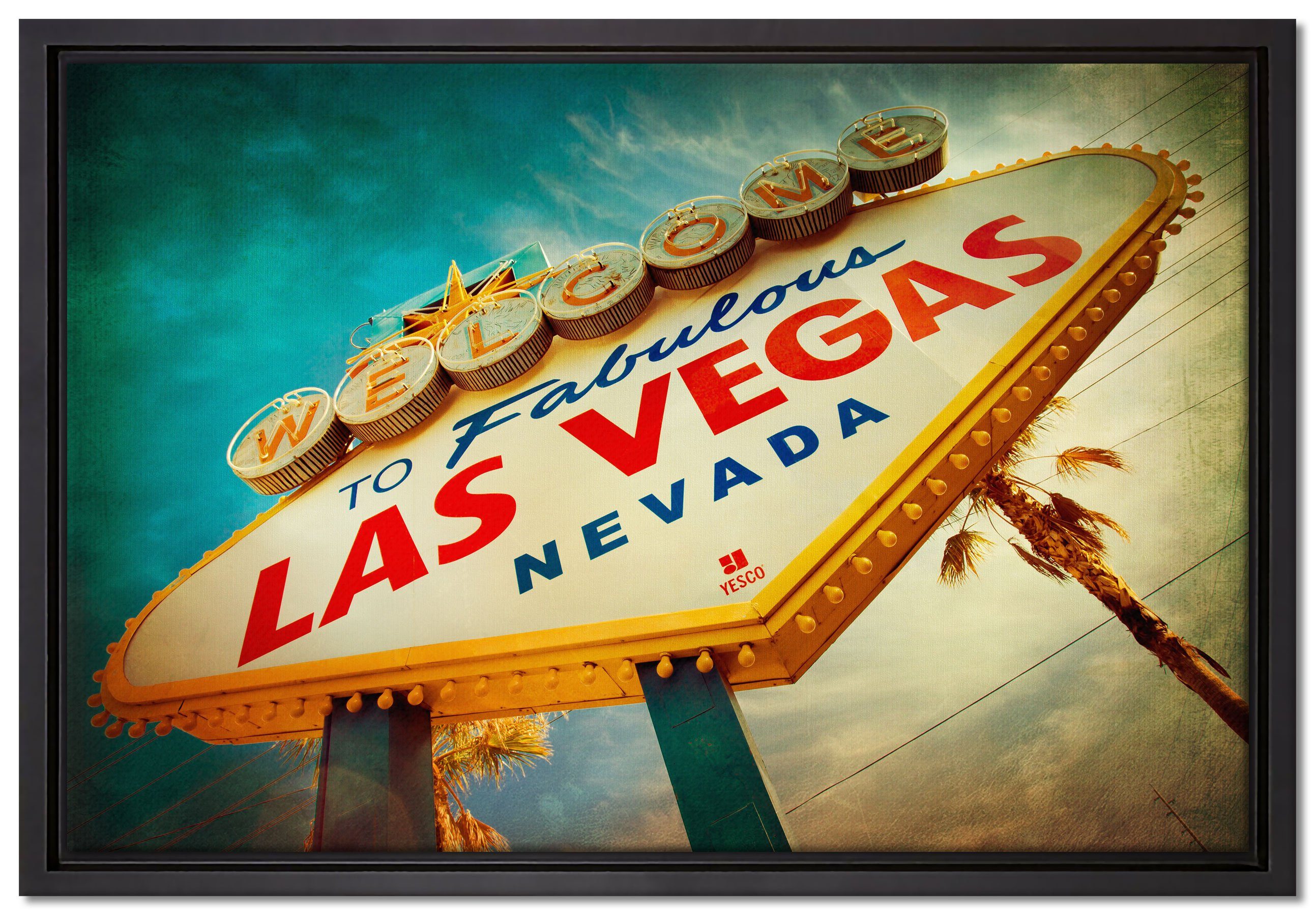 Pixxprint Leinwandbild Las Vegas Retro Look, Wanddekoration (1 St), Leinwandbild fertig bespannt, in einem Schattenfugen-Bilderrahmen gefasst, inkl. Zackenaufhänger